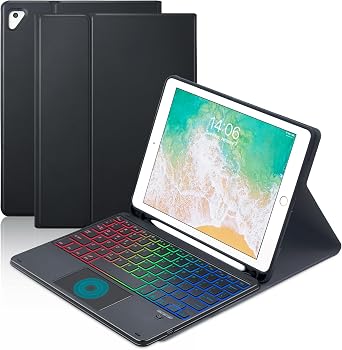 MePadKey Touchpad Keyboard Case for iPad 6th 2018/5th Generation 2017 9.7 inch, 7-Color Backlight Type-C Charging Keyboard with Pencil Holder Cover Fit iPad Air 2/Pro 9.7 Black