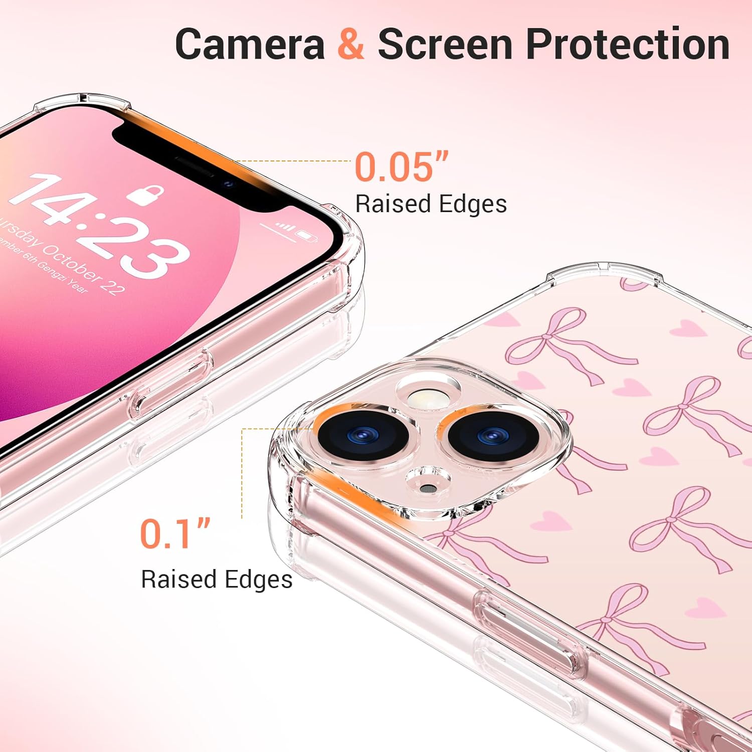 bicol for iPhone 14 Case with Screen Protector,Enhanced Camera Protection,Clear TPU Cover with Trendy Designs for Girls Women,Slim Fit Protective Phone Case,Pink Heart Ribbon Bow
