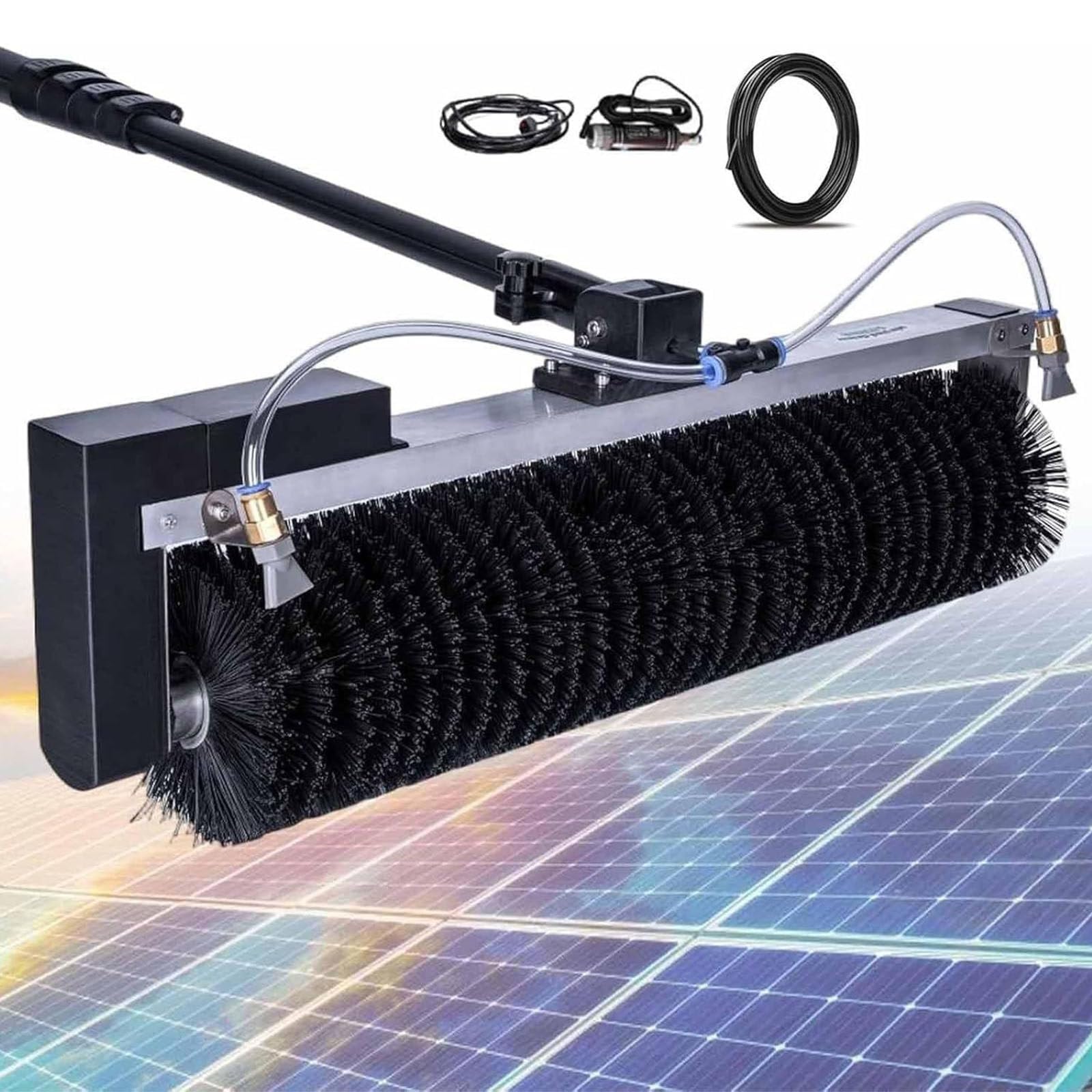 Strumenti Elettrici per Manutenzione Pannelli Fotovoltaici, Spazzola Rotante 60cm, Asta Telescopica 3,5/5,5/7,5m, Alimentata Acqua, Batteria 24V 30Ah per Pulizia di Vetrate e Tetti 7.5M/24FT