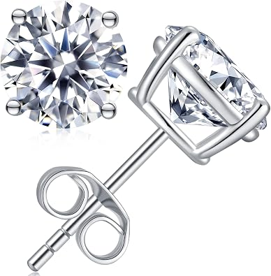 Moissanite Stud Earrings Hypoallergenic 925 Sterling Silver stud Earrings for Women Round Cut D Color VVS1 18K White Gold Plated Lab Created Moissanite Earrings for Women Men 0.3ct-2ct