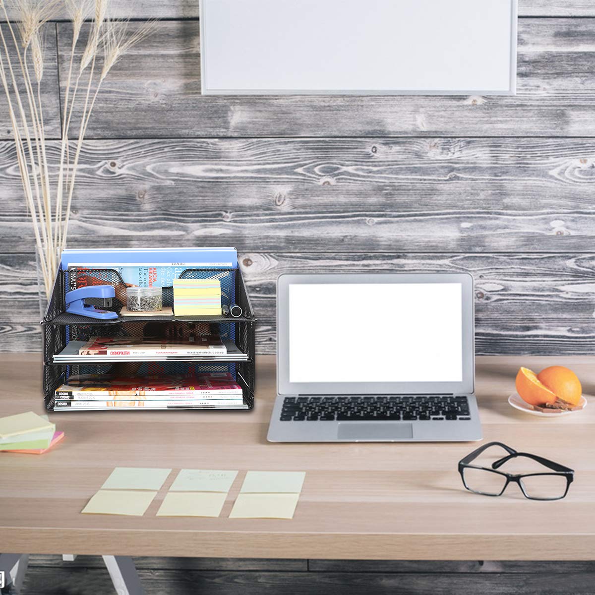 Samstar 2 Pack Mesh Desk File Organizer Letter Tray Holder, Desktop File Folder Holder with 3 Paper Trays and 2 Vertical Upright Section, Black. …