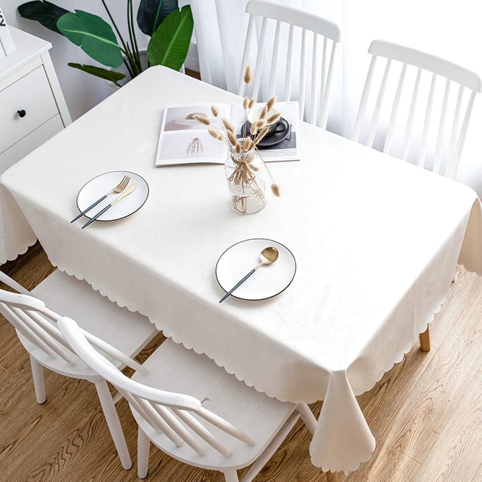Gualiy PVC Tischdecke Rund, Tischdecke 160 Tischtuch Fleckabweisend Blattmuster Tischdecke für Wohnzimmer, Weiß
