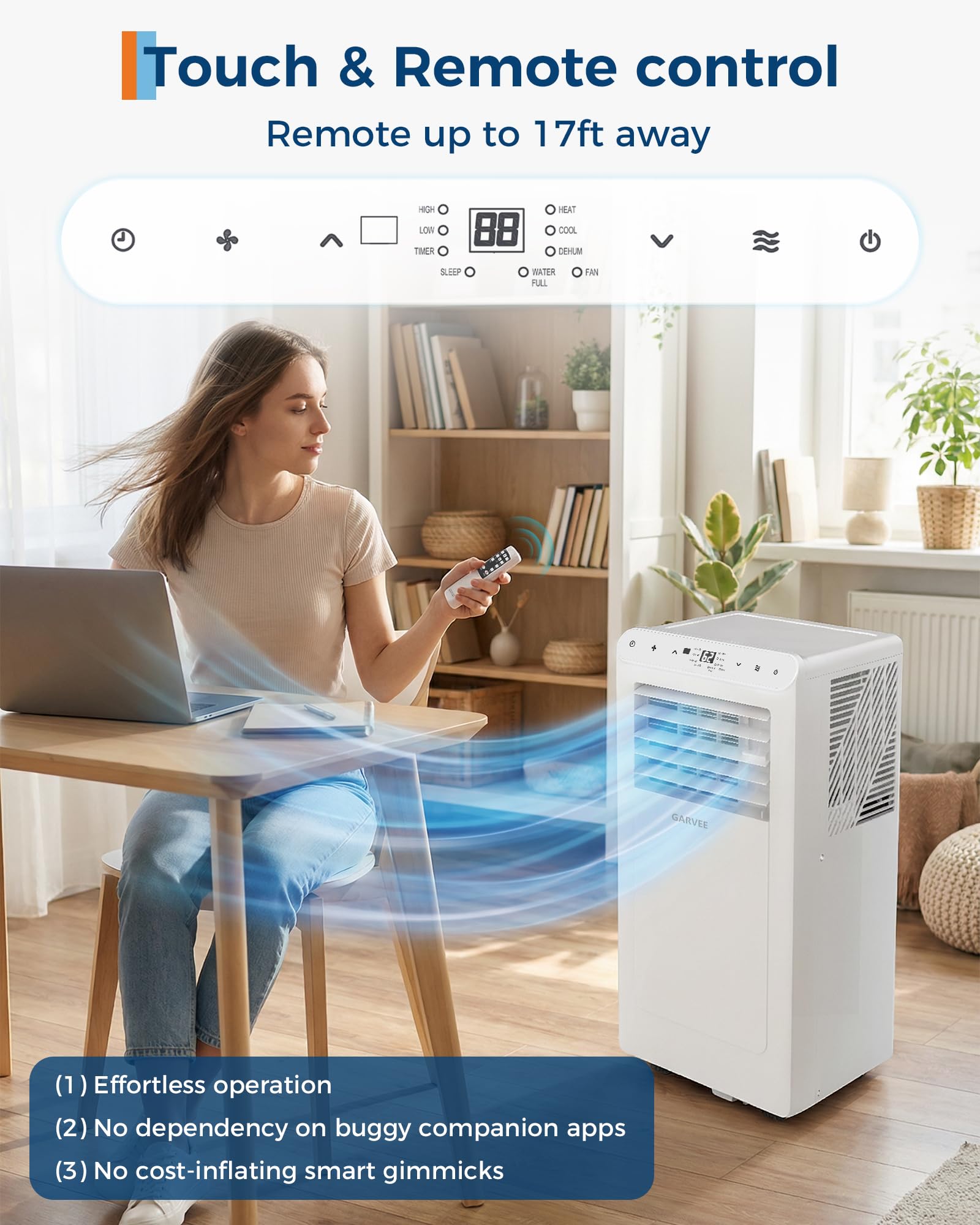 Garvee 8000 BTU Aire acondicionado portátil, hasta 350 pies cuadrados Mando a distancia 48dB unidad de CA portátil, deshumidificador, ventilador, sueño, temporizador de 24 horas y kit de instalación