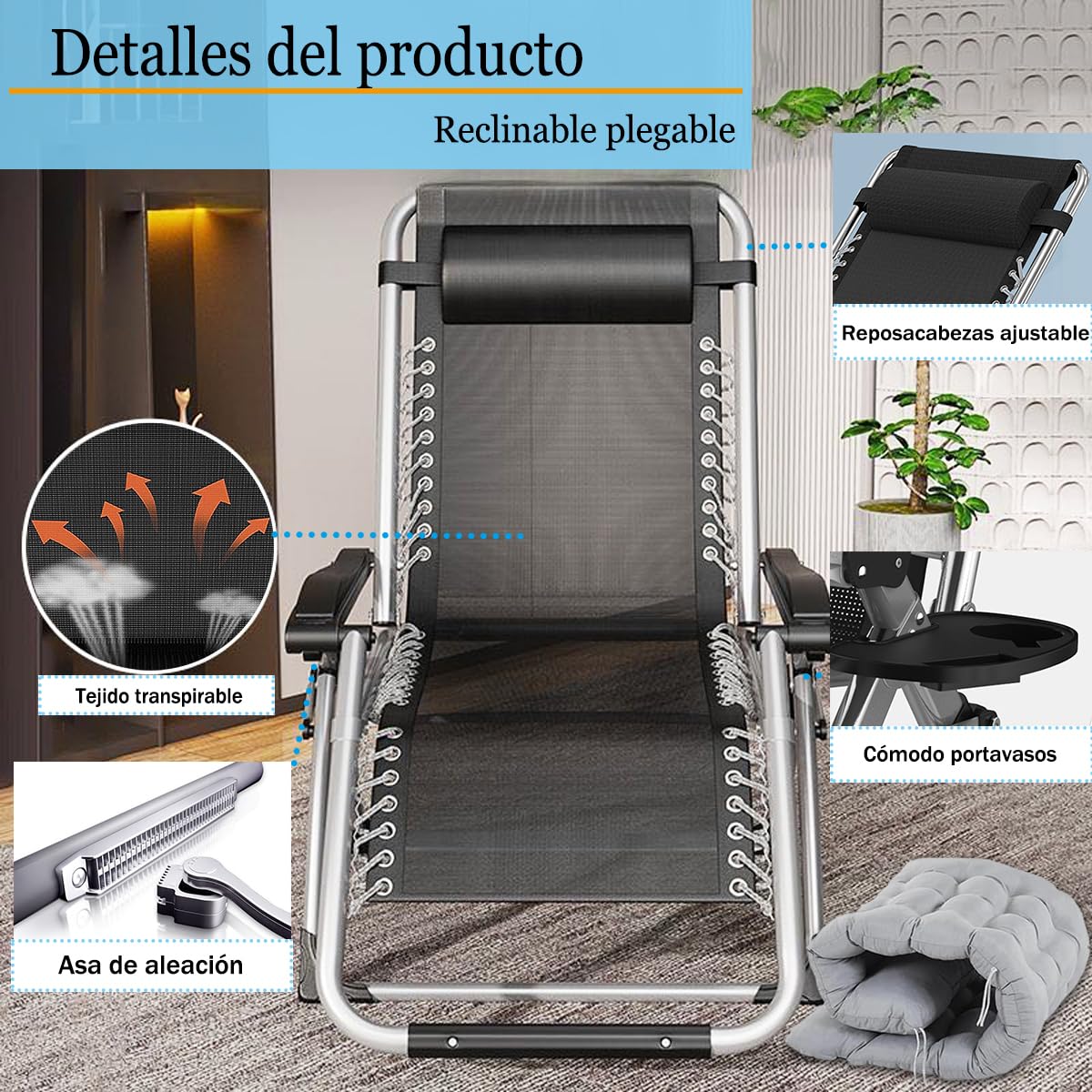 Tumbonas Gravedad Cero, Tumbona de Relax Silla de Jardín Plegable, para Playa, Piscina, Terraza,Camping.Carga Máxima 200kg (A-con Cojín Gris, Set de 1)