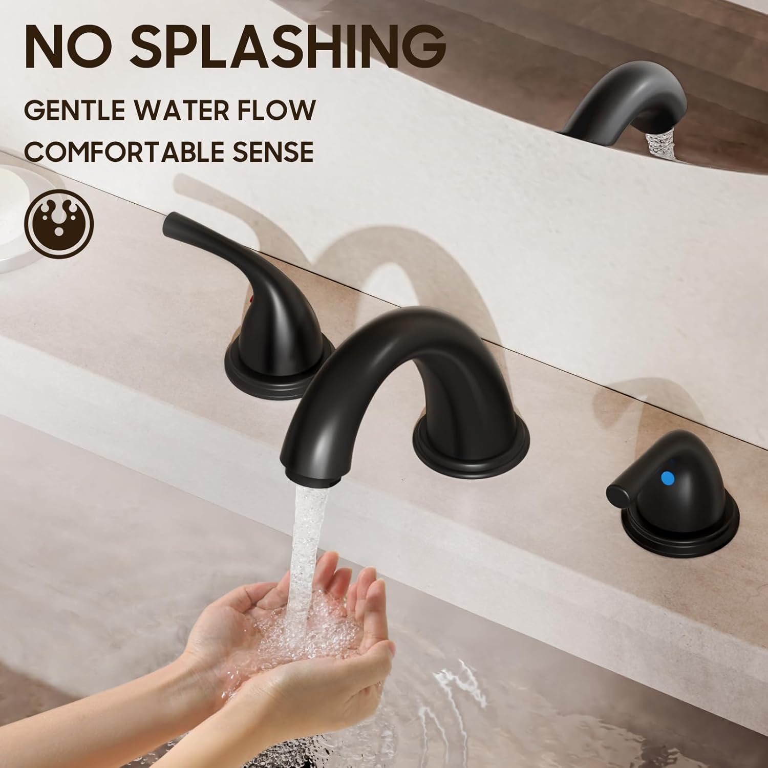 Phiestina 8 Inch 3 Hole Matte Black Widespread Bathroom Faucet, Low Arc Basin Sink Faucet, with Metal Pop-up Drain with Overflow and Water Supply Line, BF03008-B11-MB