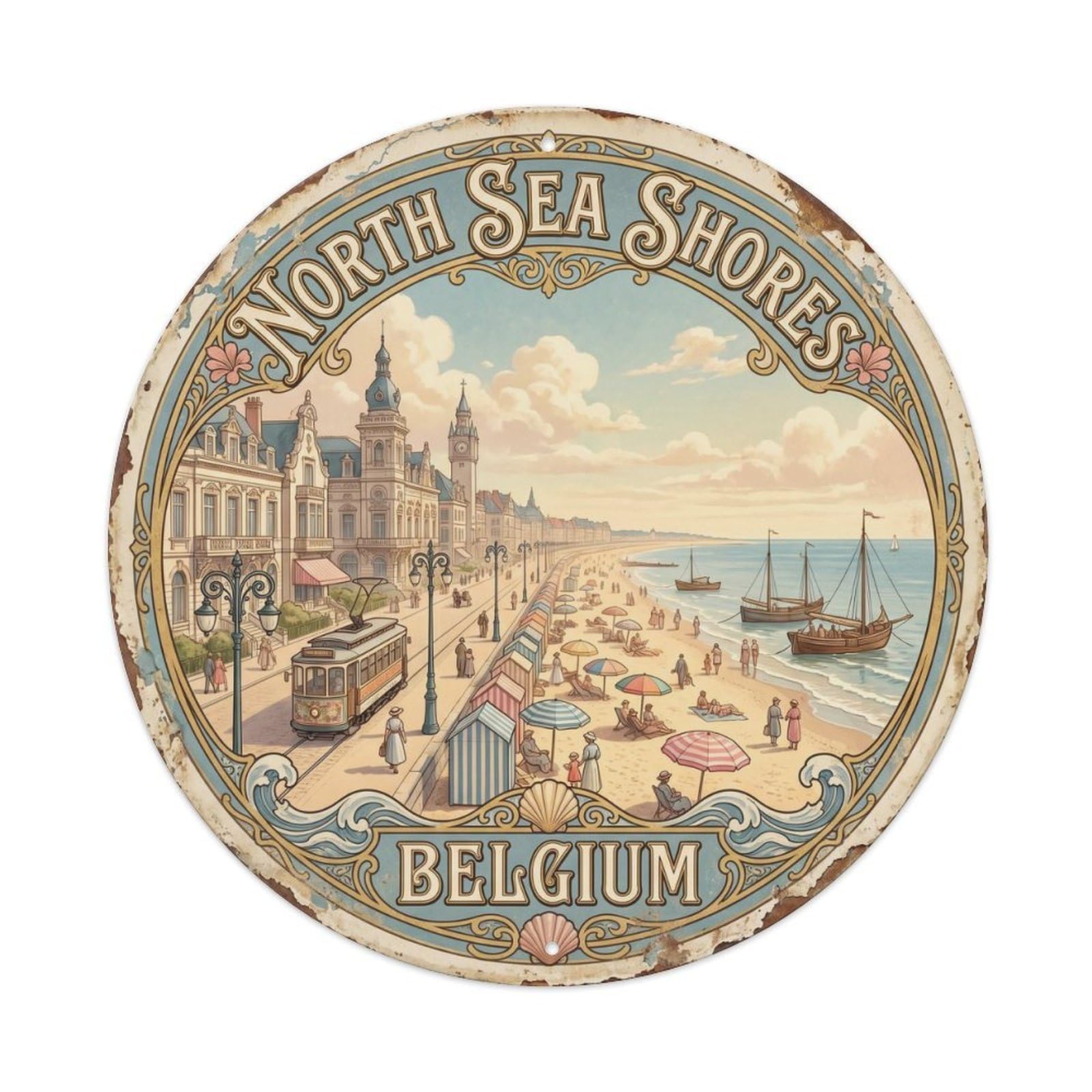 Vintage Travel North Sea Shores Belgium Metal Tin Sign Plaque Wall Decor for Cafe, Club, Garden Round Metal Poster 8x8Inch