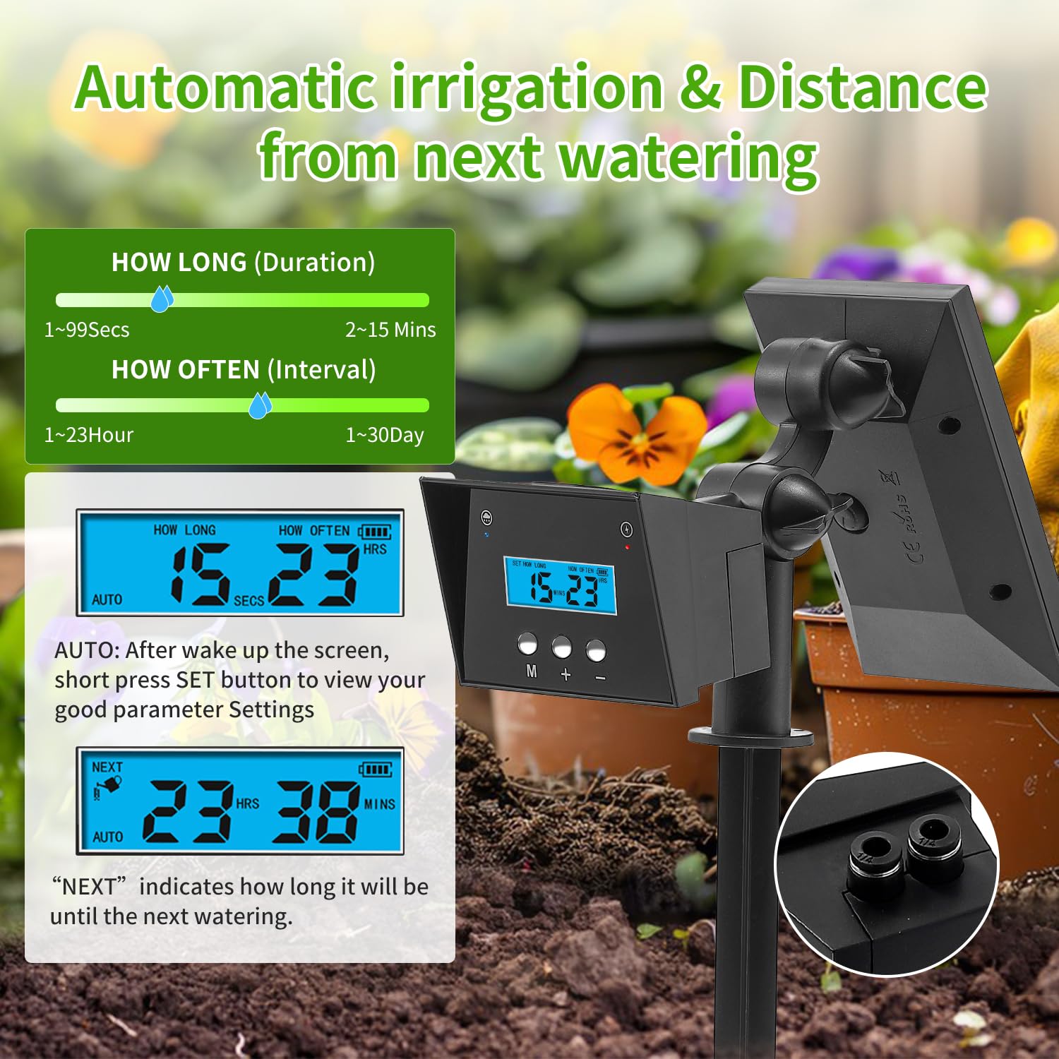 Sistema di irrigazione a goccia solare, sistema di irrigazione automatico per giardinaggio all'aperto, batteria 2200 mA e funzione di rilevamento pioggia, per cortili, balconi, giardini, 10