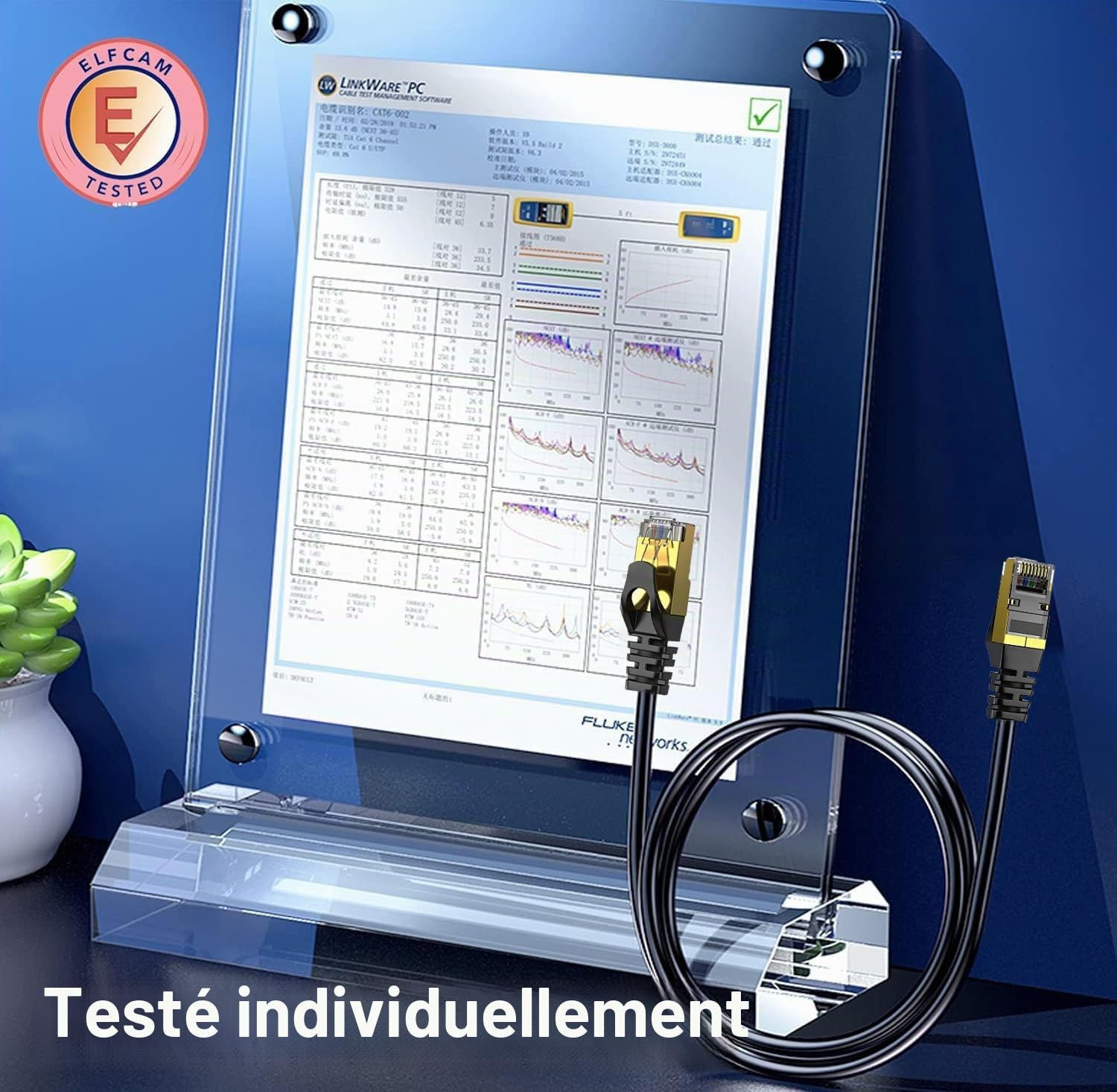 Elfcam - 50m Cat7 Câble Ethernet Rond, Diamètre Extérieur de 4,8 mm, Bande Passante de 600 MHz, Blindage U/FTP, 28 AWG, Cuivre pur, Convient pour Internet, Les PC et Les Routeurs, Noir.