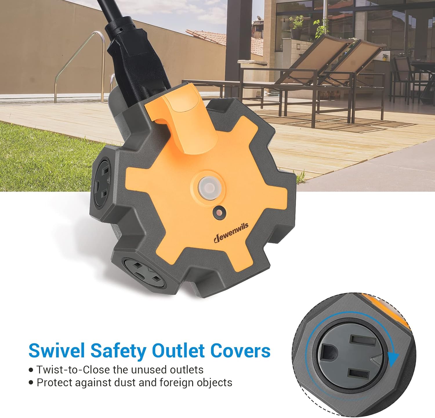 DEWENWILS Outdoor Extension Cord Power Adapter, Heavy Duty 5-Outlet Power Hub with Swivel Safety Covers, Widely-Spaced Power Outlet for Workshop, Jobsite, Garage, 15A Circuit Breaker (Orange)