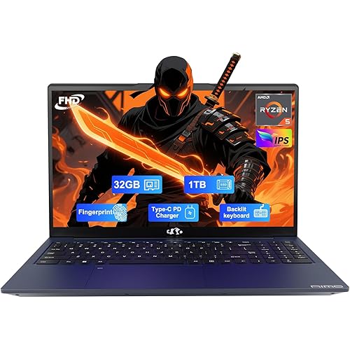 NIMO 15.6" FHD-Business-Laptop, 32GB RAM 1TB SSD AMD Ryzen 5(Beat i3-1215U, 4 Cores Up to 3.7GHz) 65W Type-C Fingerprint Backlit Keyboard IPS-Computer, Wi-Fi 5 BT5.2 Numpad Win 11,Blue