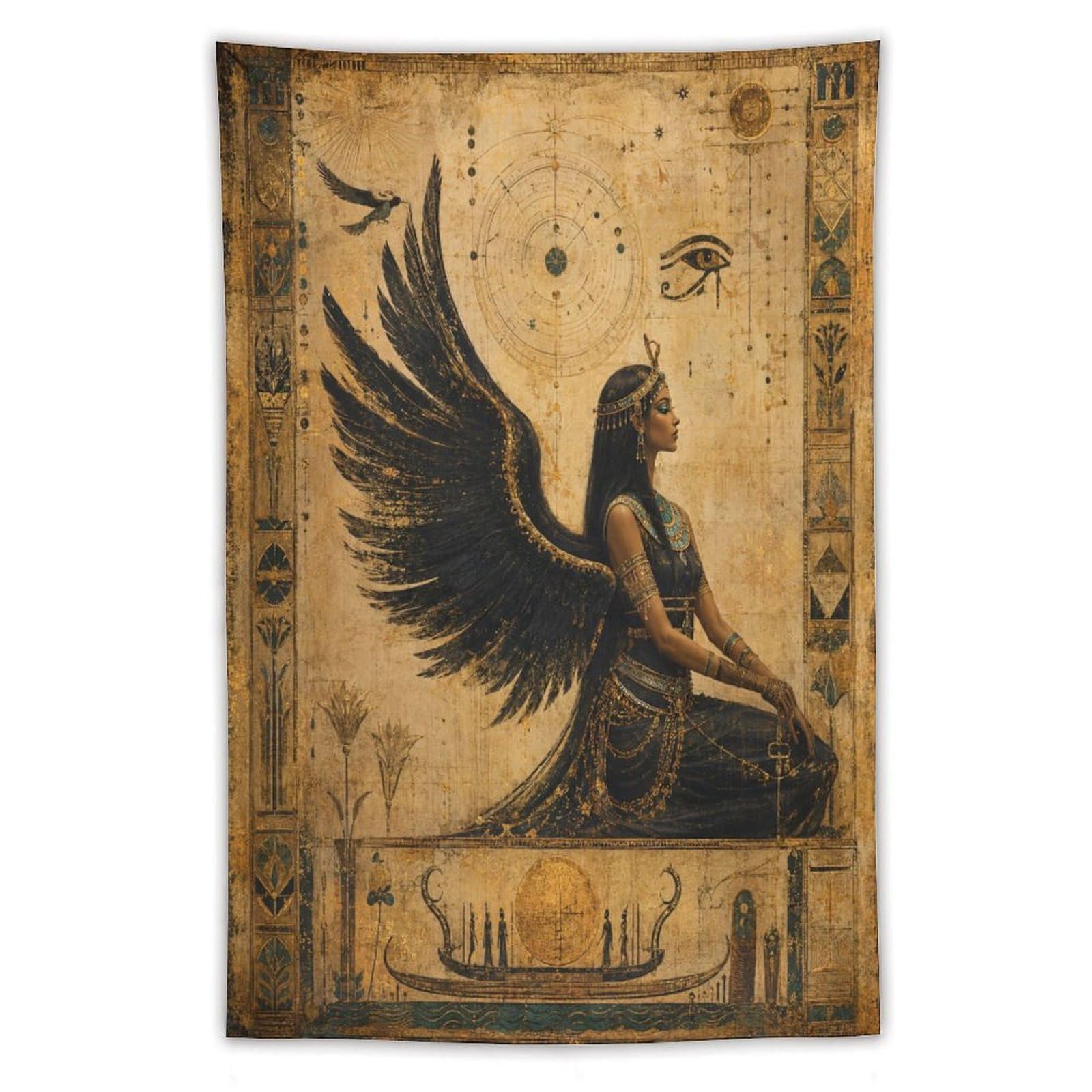 H3B8U2Y5 Egyptian Winged Goddess Papyrus Wall Tapestry, Egyptian Papyrus