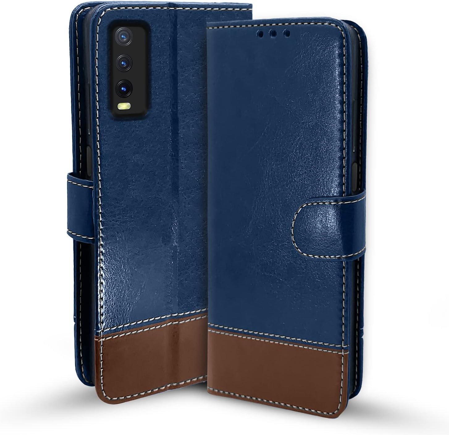 Pikkme Vivo Y12s / Y20 / Y20i / Y20G Flip Cover | Dual-Tone PU Leather Finish | 360 Protection | Inbuilt Wallet & Stand | Magnetic Flip Case for Vivo Y12s / Y20 / Y20i / Y20G (Blue & Brown)