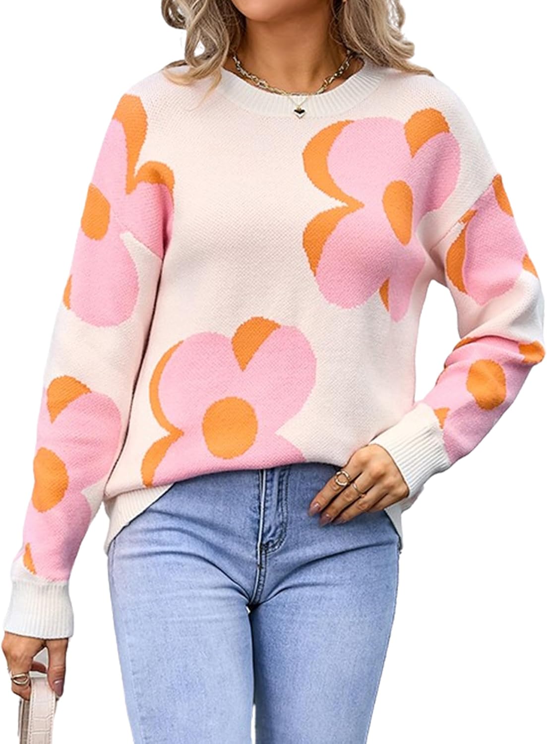 Angashion Women Long Sleeve Sweater - Fall Casual Crewneck Knit Tops Floral Print Cute Loose Pullover Jumper
