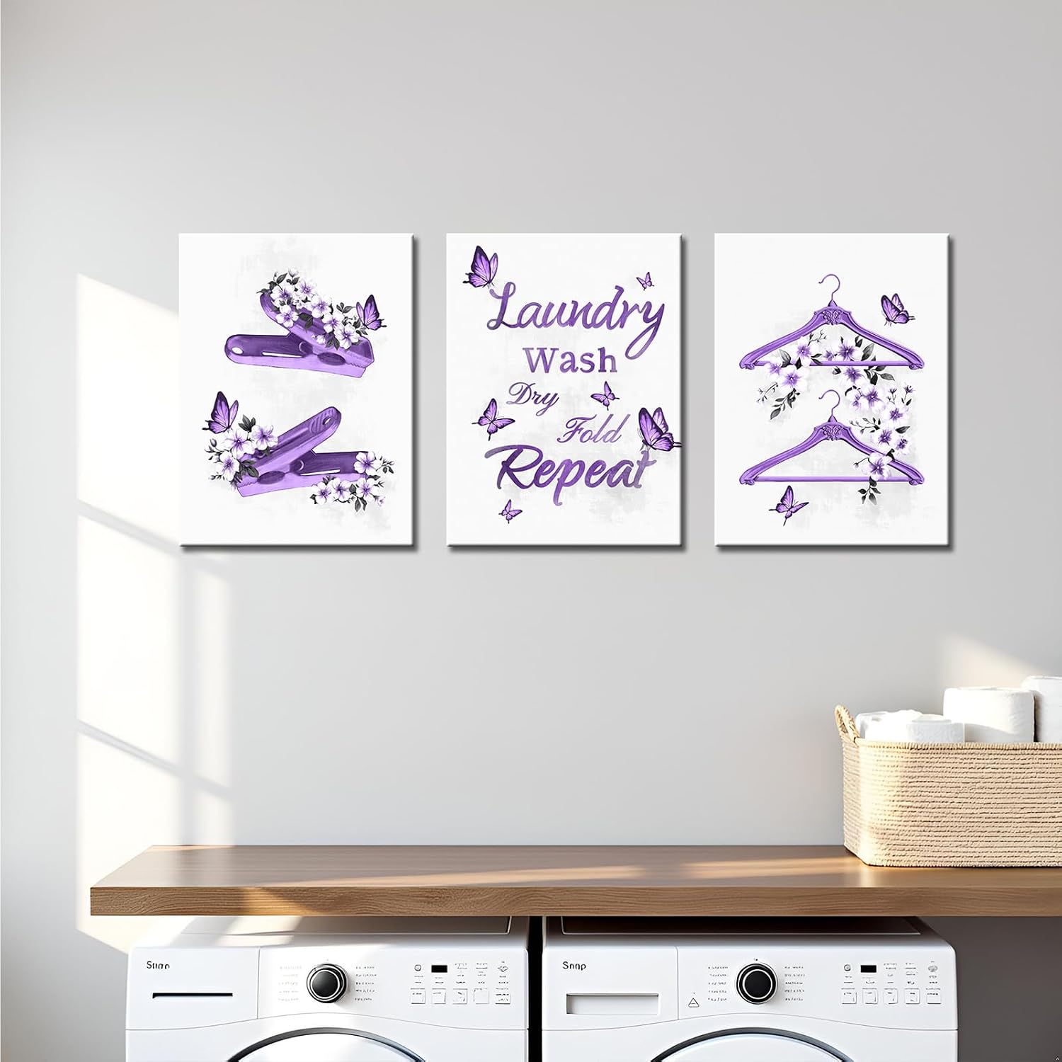 OuElegent Laundry Room Wall Art Wash Dry Fold Pictires Purple Butterfly Laundry Paintings, 3-Piece Canvas Print Set 12''x16''x3