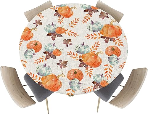Mantel redondo ajustable con diseño de hojas de otoño para mesas de comedor, mantel elástico con bordes de hojas de otoño, calabaza, impermeable, a