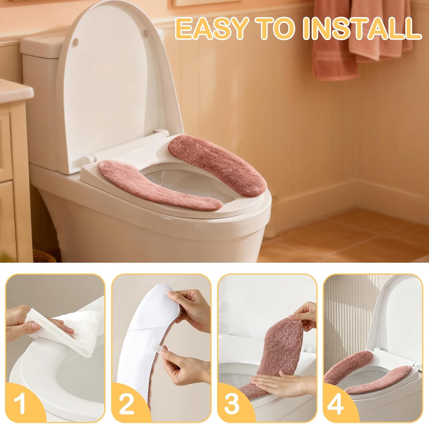 Plush Toilet Seat Cover Pads - Washable Warm Cushion, Soft Bathroom Warmer Mat - Universal Self Adhesive Design (Grey)