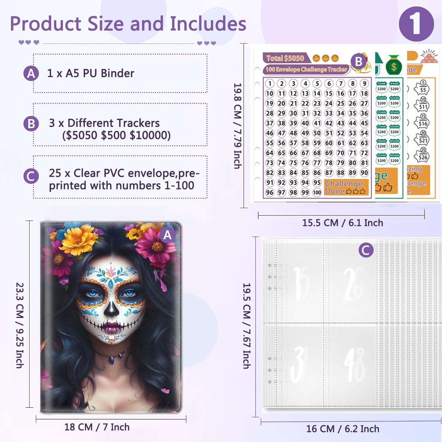 100 Envelopes Money Saving Challenge Binder,A5 Budget Binder with 25 pcs Cash Envelopes,3 pcs Reusable Laminated Trackers Saving $5050,$10000, Money Organizer,Mexican Day of The Colorful Flower Girl