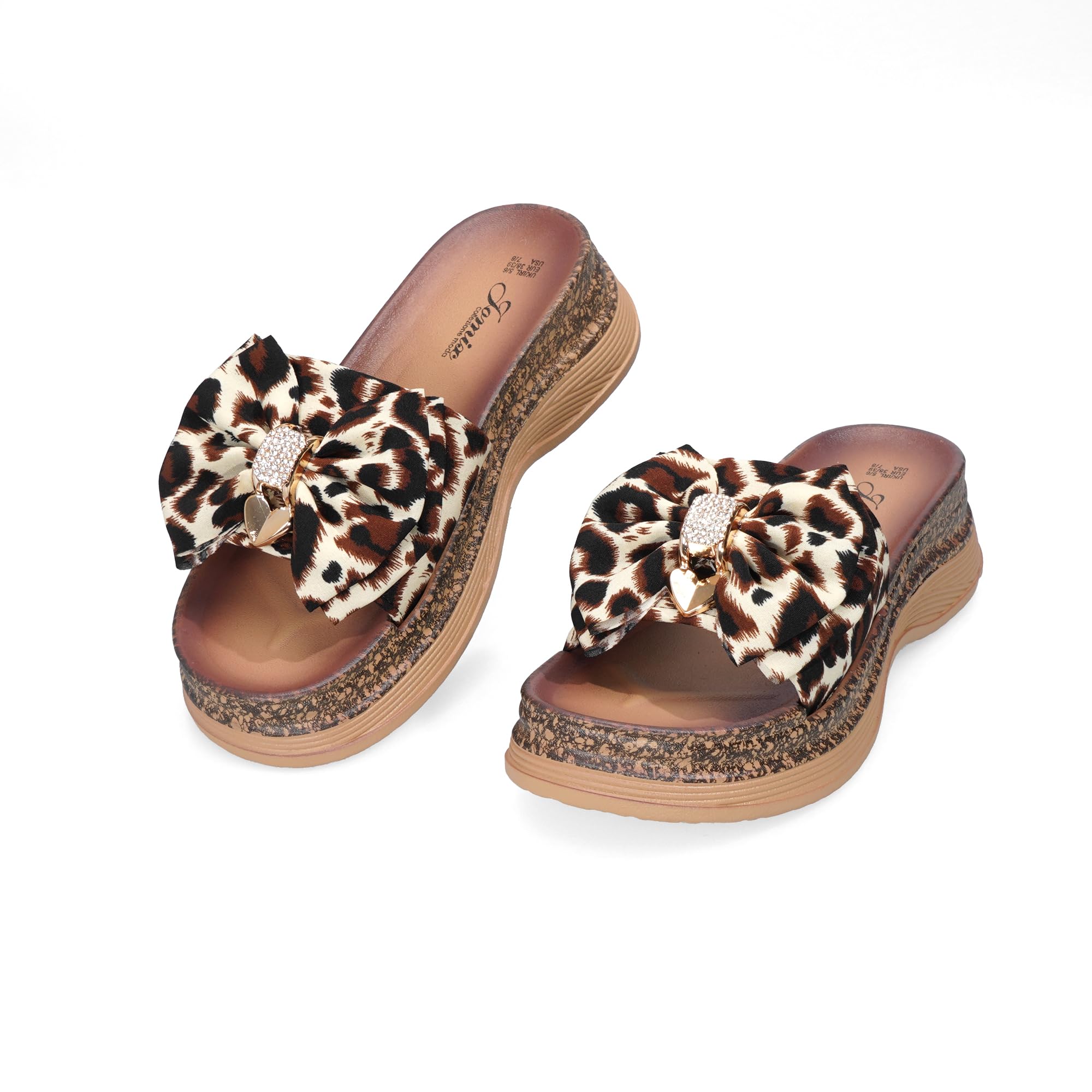 JOMIX Sandalen Damen Plattform mit Schleife Pantoletten mit Strass Bequeme Hausschuhe mit Leopardendruck für Damen