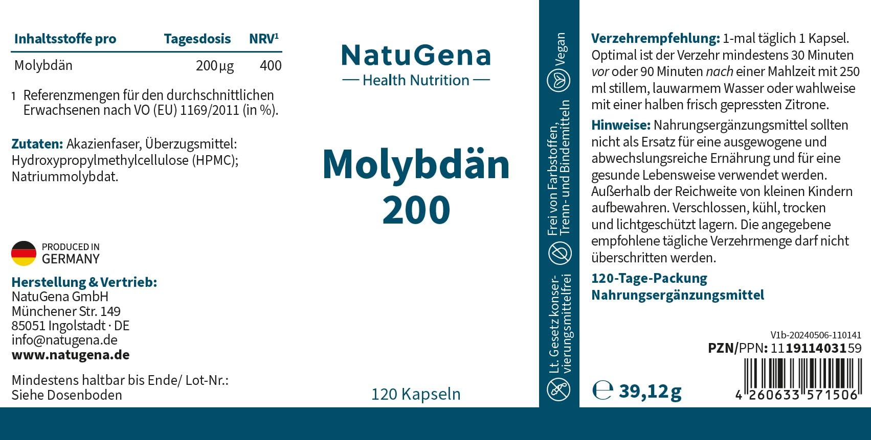 NatuGena Molybdän 200 Natriummolybdat, 200µg Molybdän pro Tagesdosis, Stoffwechsel schwefelhaltiger Aminosäuren, 120 Kapseln (120 Tage Packung)