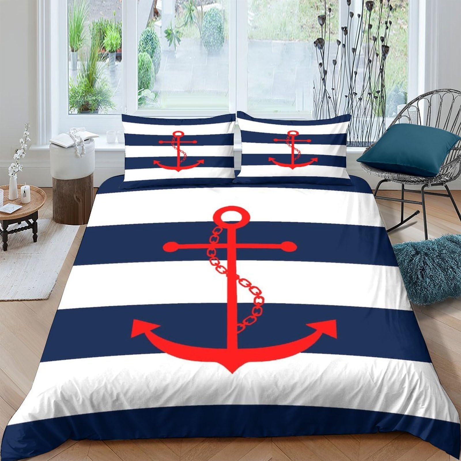 Ctjqhvkz Style-7 3D Printed Nautical Anchor Fitted Sheet Microfiber Navy White Striped Bed Cover For Bedroom Guest Room Mattress Decor Single（135X200cm）