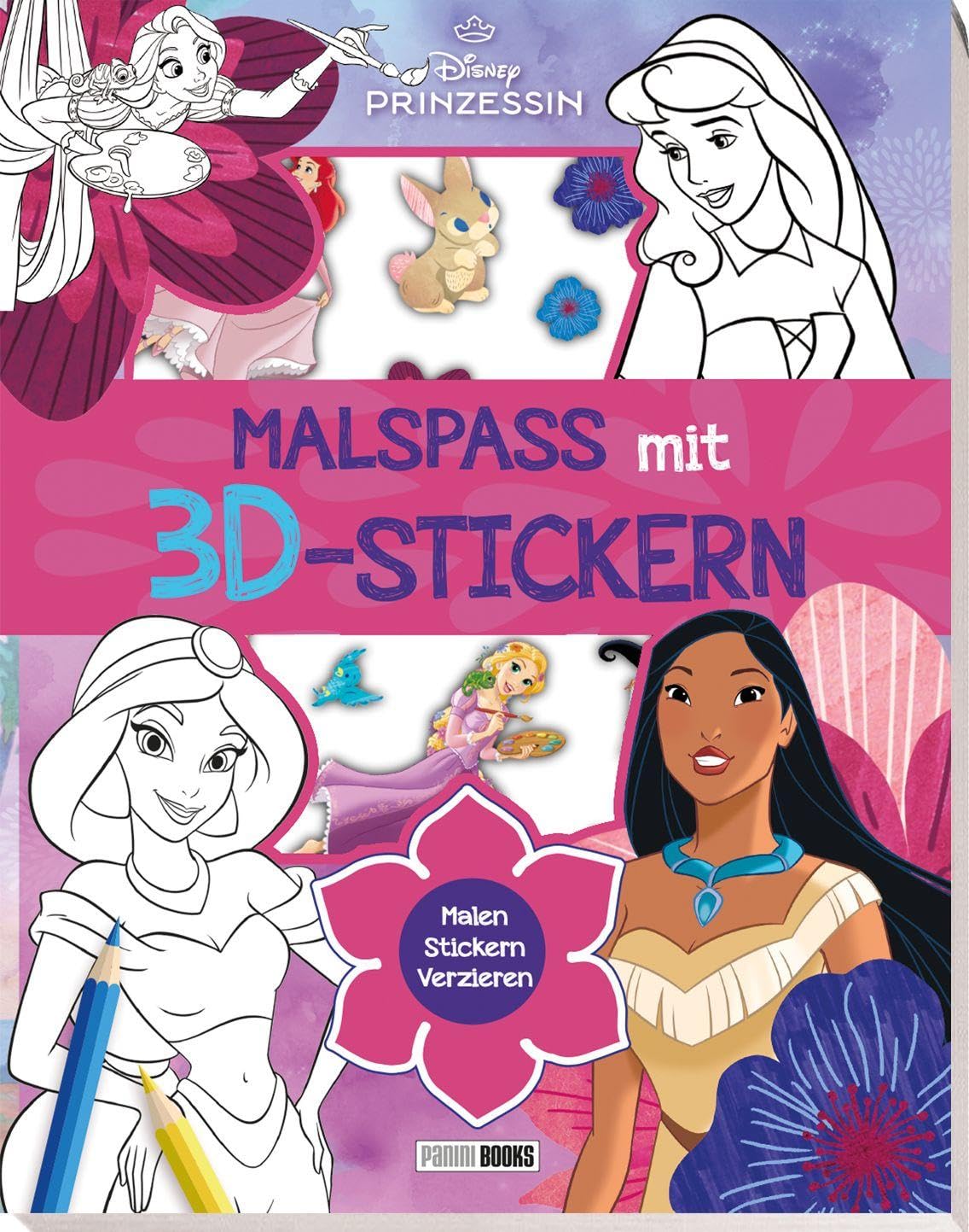 Disney + Prinzessin Malspaß mit 3D-Stickern + Block mit Stanzung und mit hochwertigen 3D-Stickern