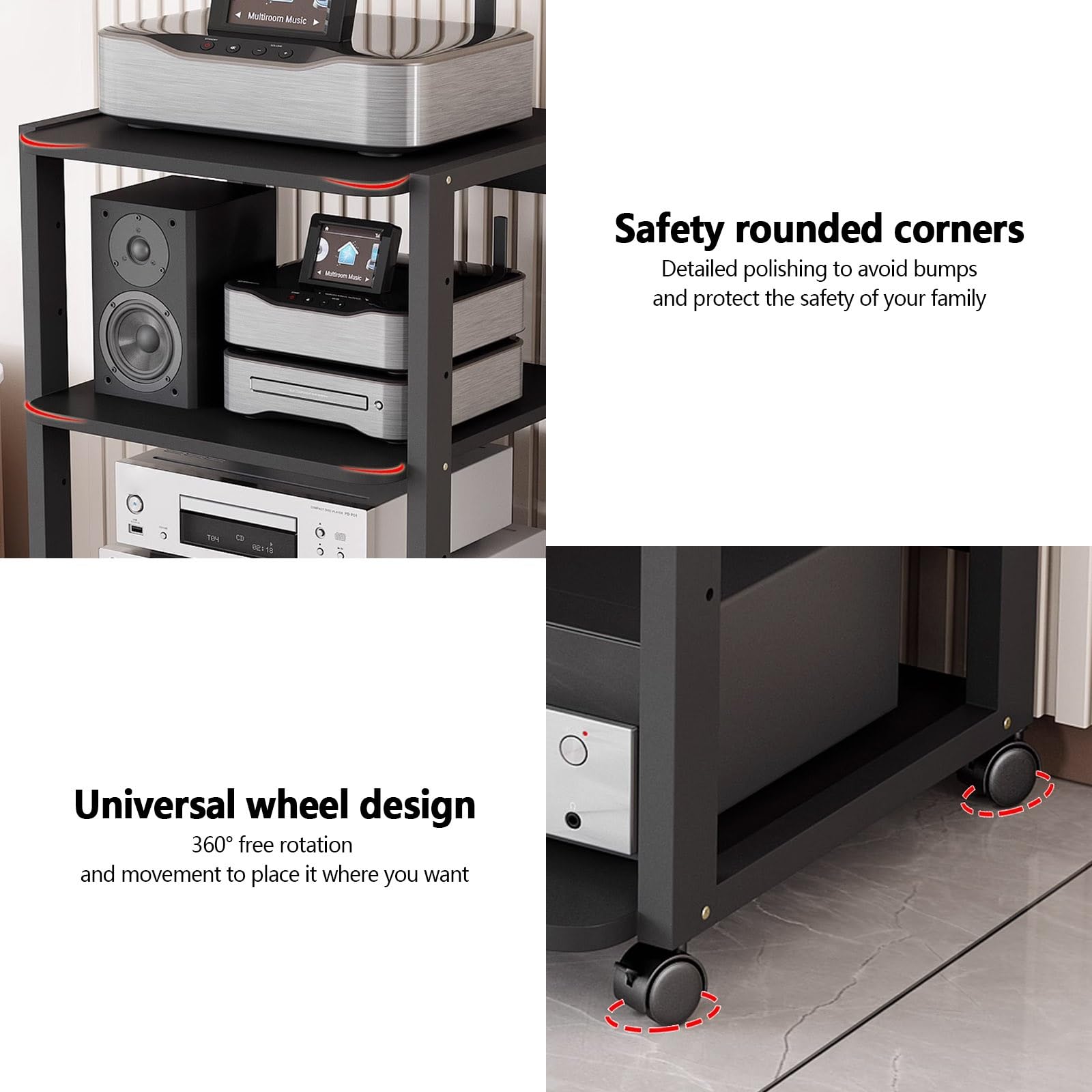 Moderno supporto audio video per camera da letto e soggiorno, scaffale multi-strato, supporto girevole con contenitore, mensola per proiettore, organizer per amplificatori.