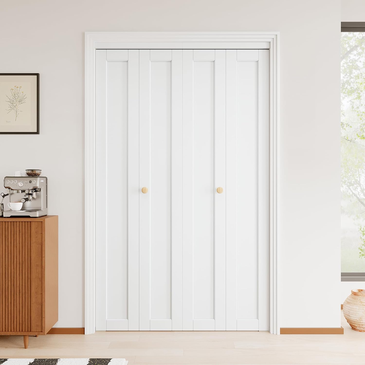 Shaker Bifold Doors, 48" x 80" Opening Bi fold Closet Doors Panel with Hardawere Kit, 1-Panel Design Foliding Barn Panles, Pre-Assembled MDF Interior Door for Pantry/Doorway, Paintable White