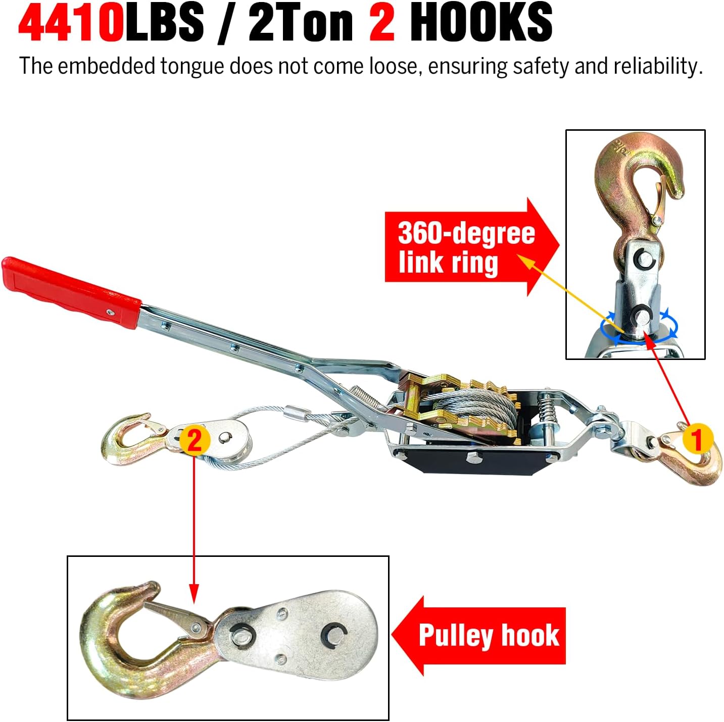 Come Along Winch - 4400 lbs/2T Pulling Capacity,12ft Steel Cable,2 Hooks,Dual Gear Power Puller,Automotive Hoist Cable Puller for Vehicle Rescue,Construction,and Farm