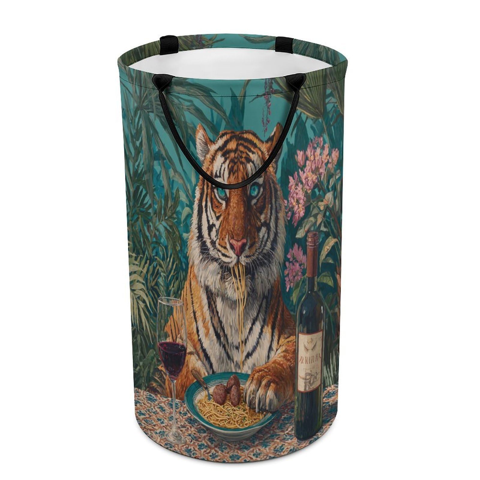 LUYYSKY Rustic Abstract Animal Tiger Versatile Storage Laundry Basket, Beautiful Realistic Tropical Plant Flowers Palm Leaves Italian Food Large Bathroom Hamper With Handle-40 CM Dia, 69 CM High
