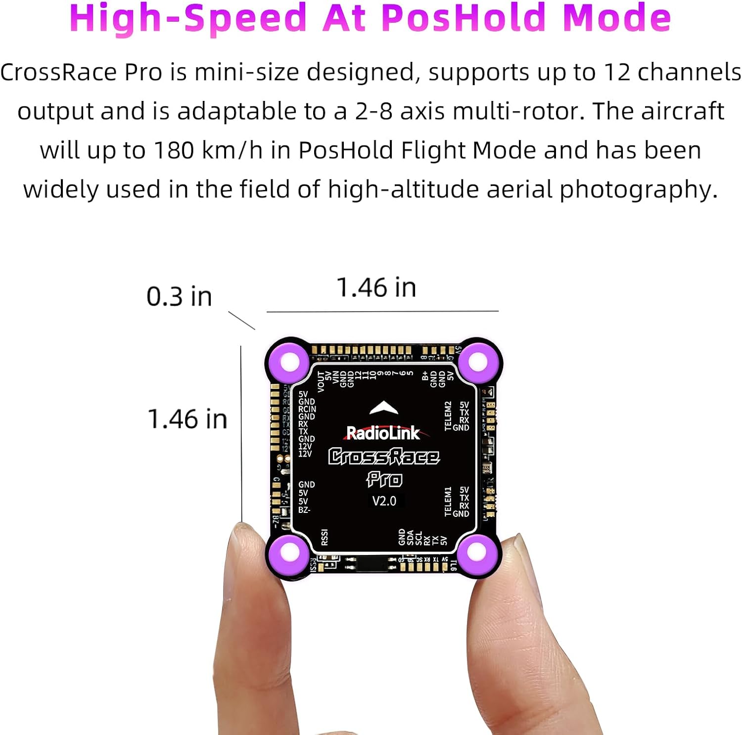 Radiolink CrossRace Pro Flight Controller held between fingers, showing its compact size and dimensions.