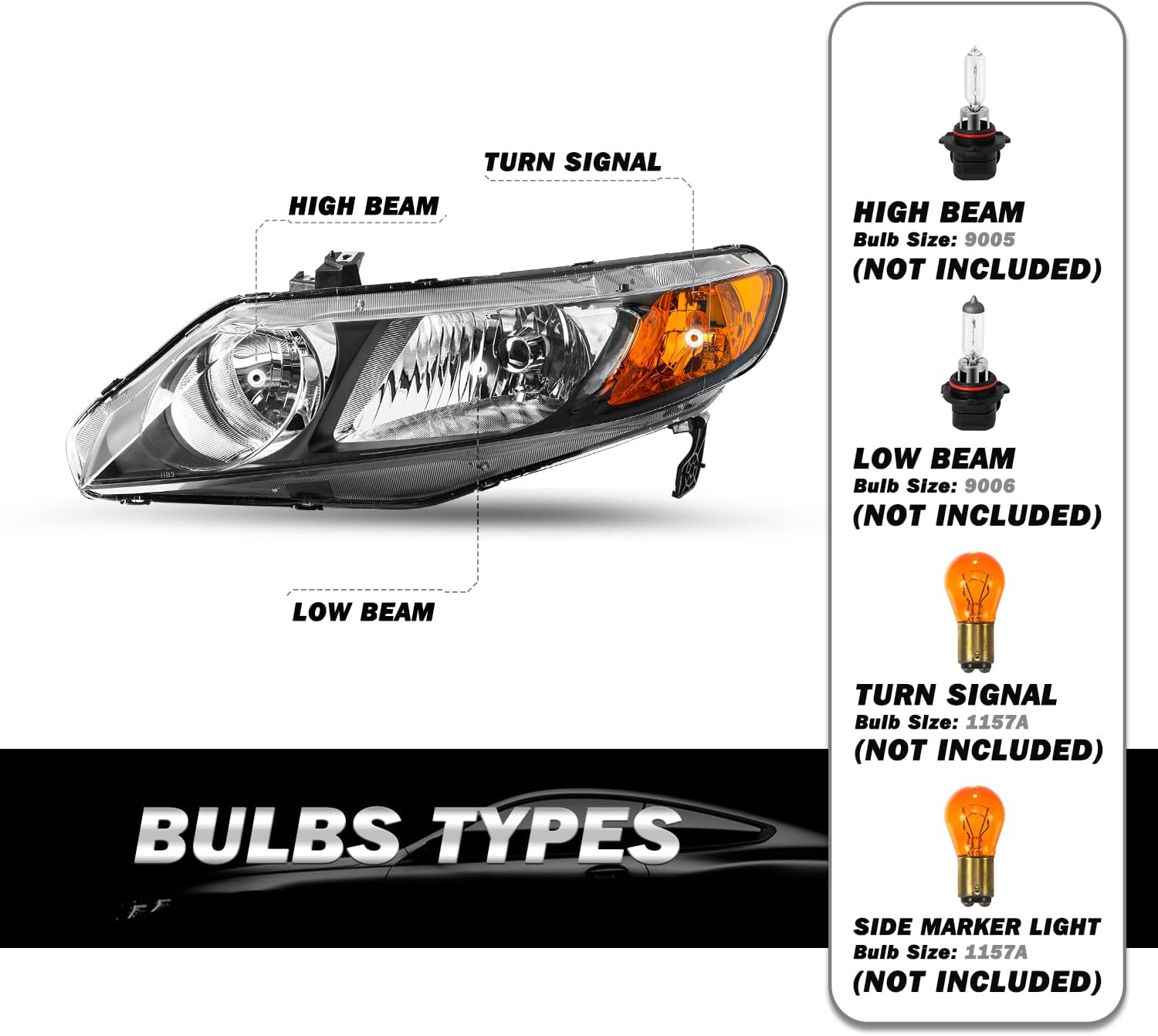 SOCKIR OE Style Headlight Assembly Pair Compatible with 2006-2011 Honda Civic Sedan 4-Door Front Headlamp (Passenger and Driver Side)