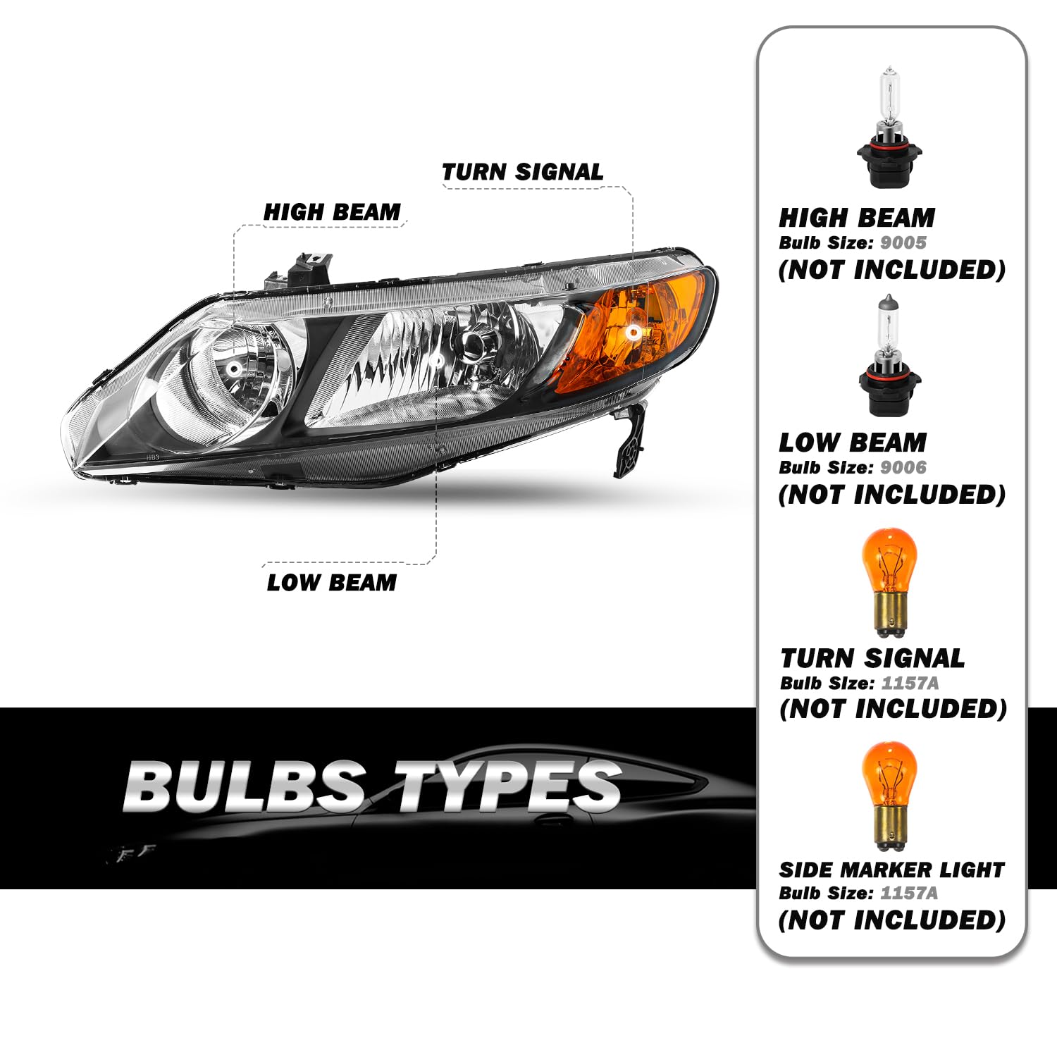 SOCKIR OE Style Headlight Assembly Pair Compatible with 2006-2011 Honda Civic Sedan 4-Door Front Headlamp (Passenger and Driver Side)