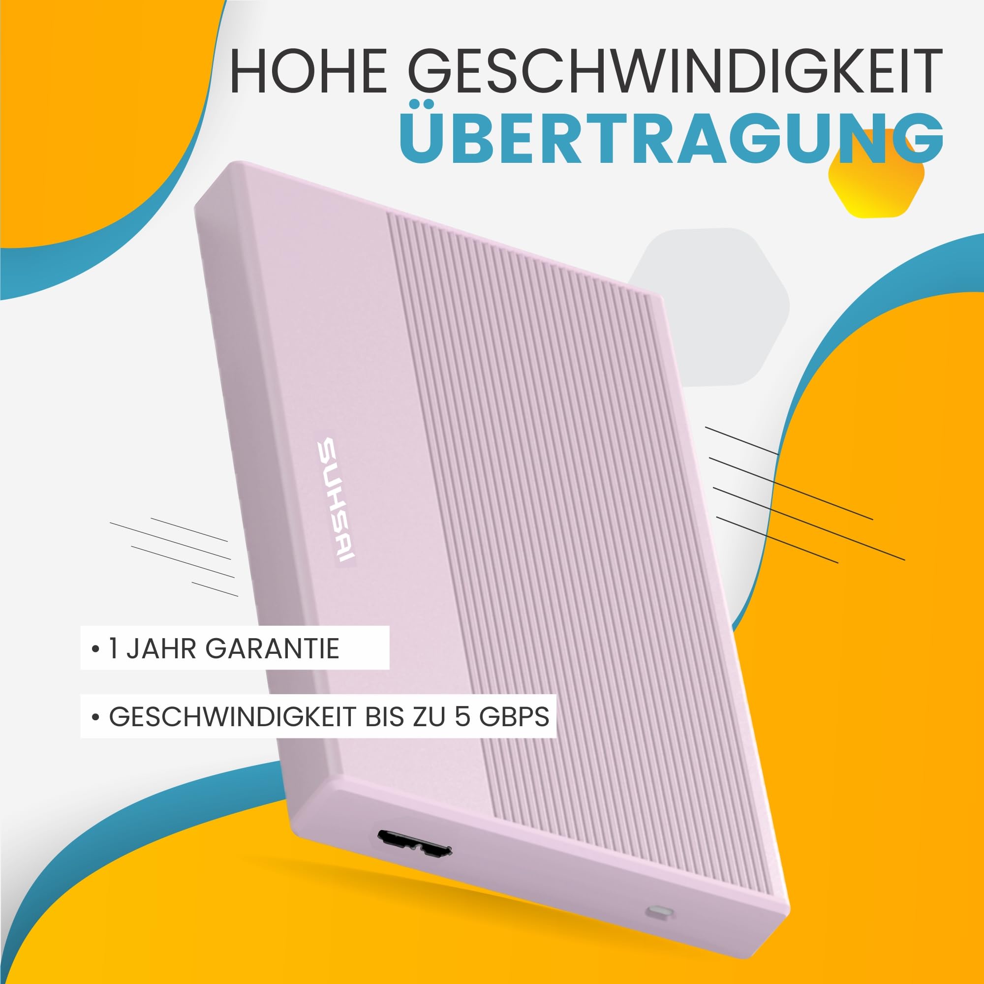 SUHSAI Externe Festplatte, 1 TB, Externe Festplatte, Backup-Laufwerk, USB 3.0, Hochgeschwindigkeits-Datenübertragungsfestplatte, kompatibel mit Mac, Laptop, Desktop-Spielekonsole - Pink - 3