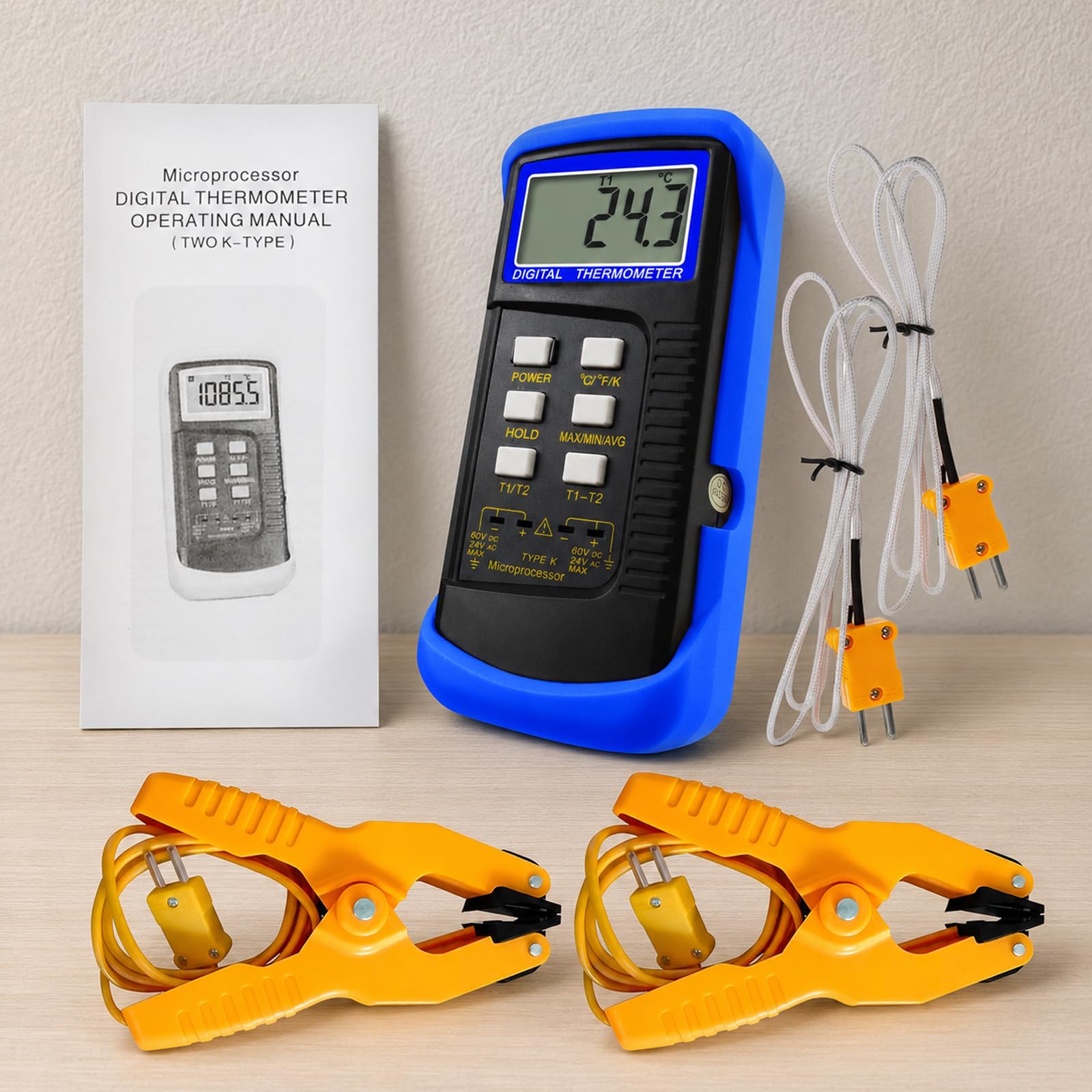 Thermomètre Numérique de type K Thermomètre à Thermocouple à Double Canal avec 2 Thermocouples et 2 Pinces Thermométriques, Plage de Mesure : -50 à 1300 °C (-58 à 2372 °F), Mesure à Haute Température