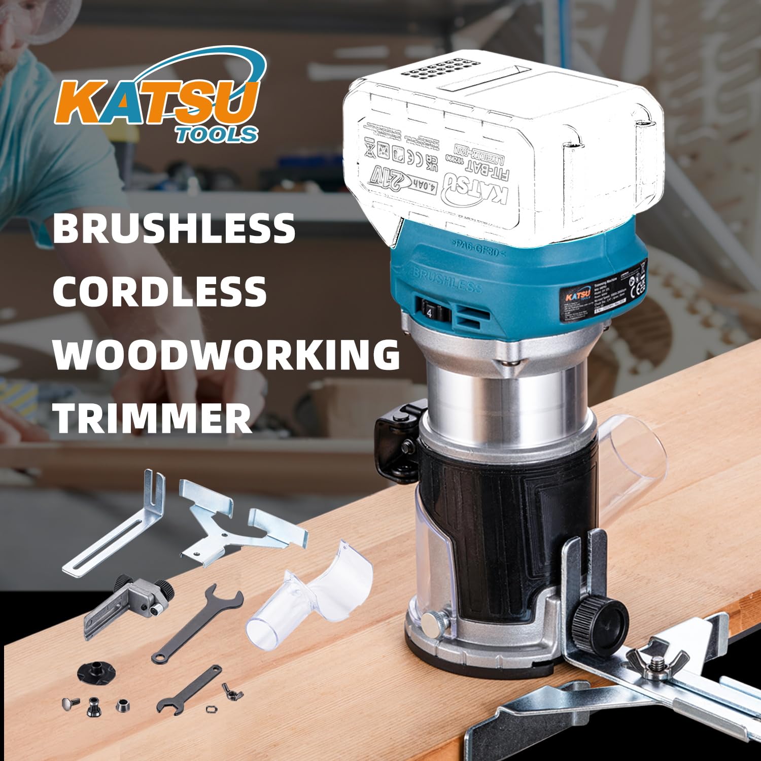 KATSU Cordless Wood Trimmer Laminator Router Router Strumento per falegnami 18V con 3 mandrini Pinze 1/4", 6 mm e 8 mm solo corpo