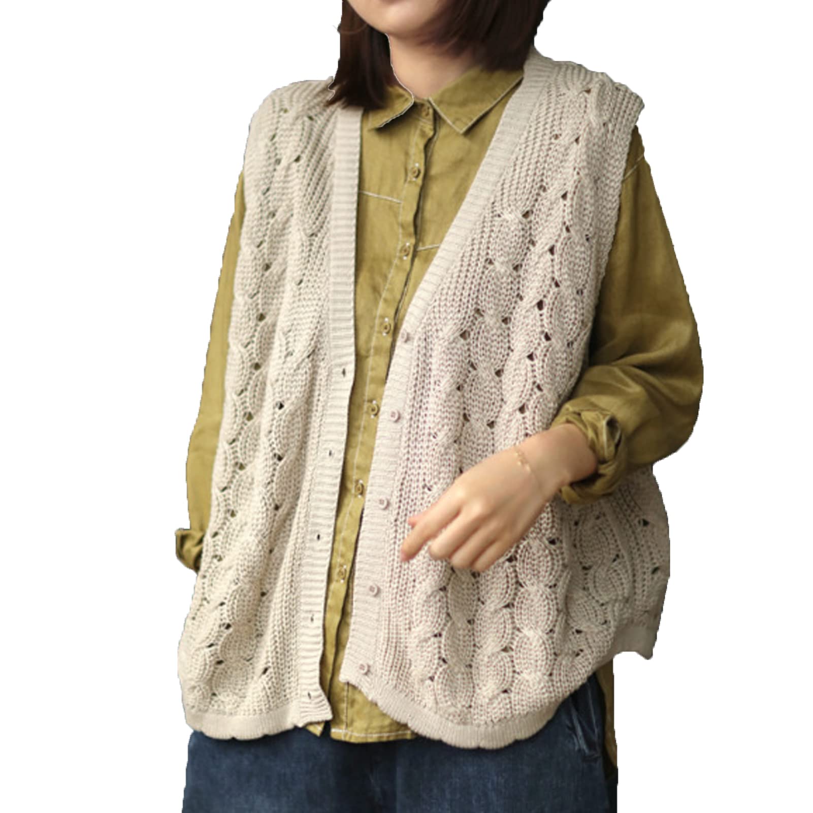 Cable De Las Mujeres Suéter Suéter Chaleco Ladies V Cuello Botón Sin Mangas Cardigan Gilet Suelto Casual Puente De Prendas De Vestir Exterior Beige-One Size