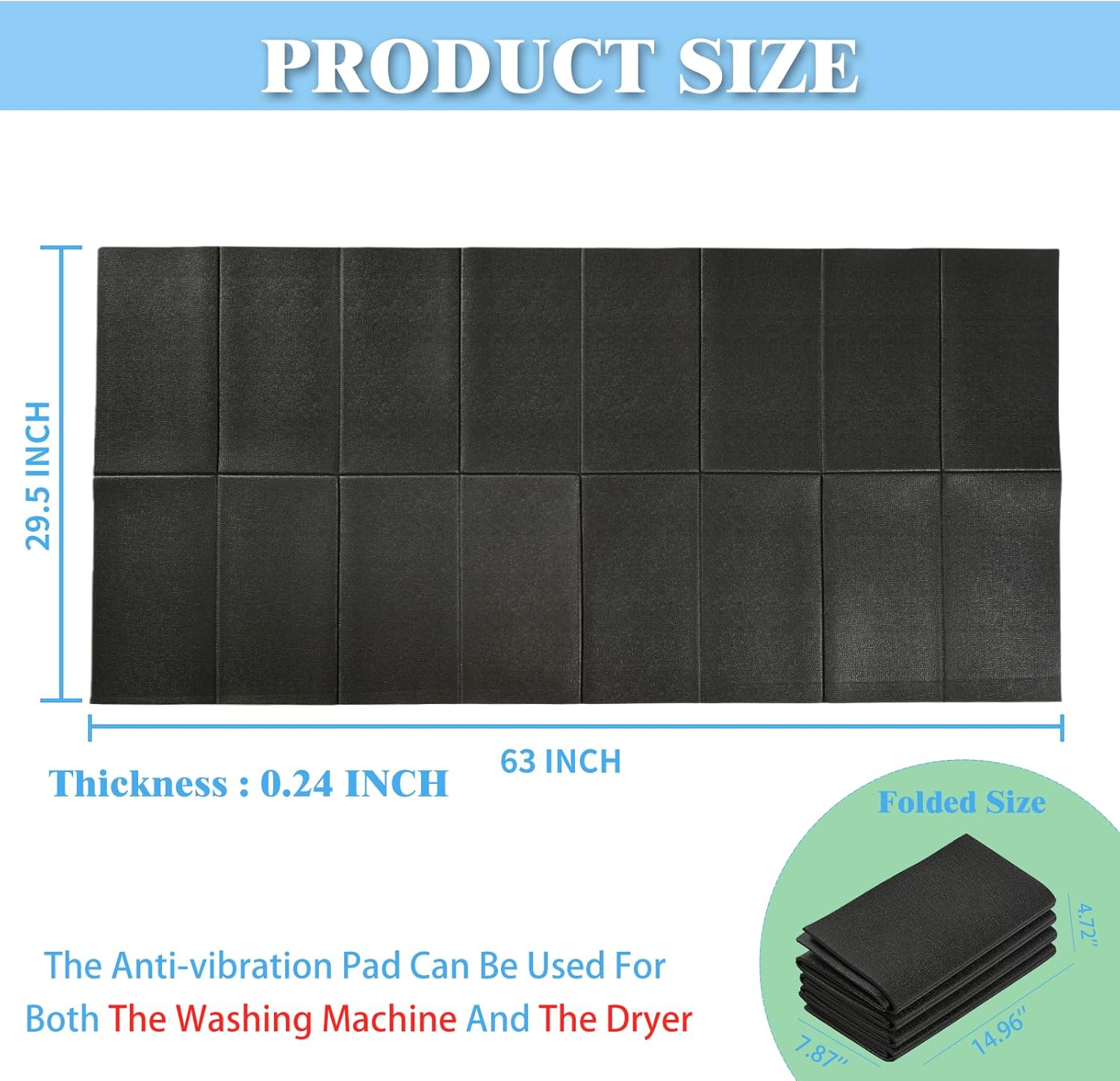 Foldable Anti Vibration Mat for Washer and Dryer,63"x 29.5"Large Anti Vibration Pads,Waterproof Non-Slip Rubber Mat for Noise Reduction&Floor Protection,Black,Fits Most Laundry Machines&Treadmills