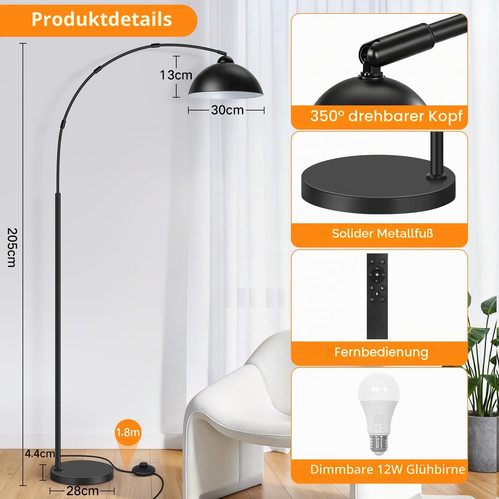 OUTON Bogenlampe mit Metallschirm, Dimmbare LED Stehlampe mit Fernbedienung und Fußschalter, 4 Farbtemperaturen, 12W Industrial Vintage Standleuchte für Wohnzimmer, Schlafzimmer, Büro, Schwarz