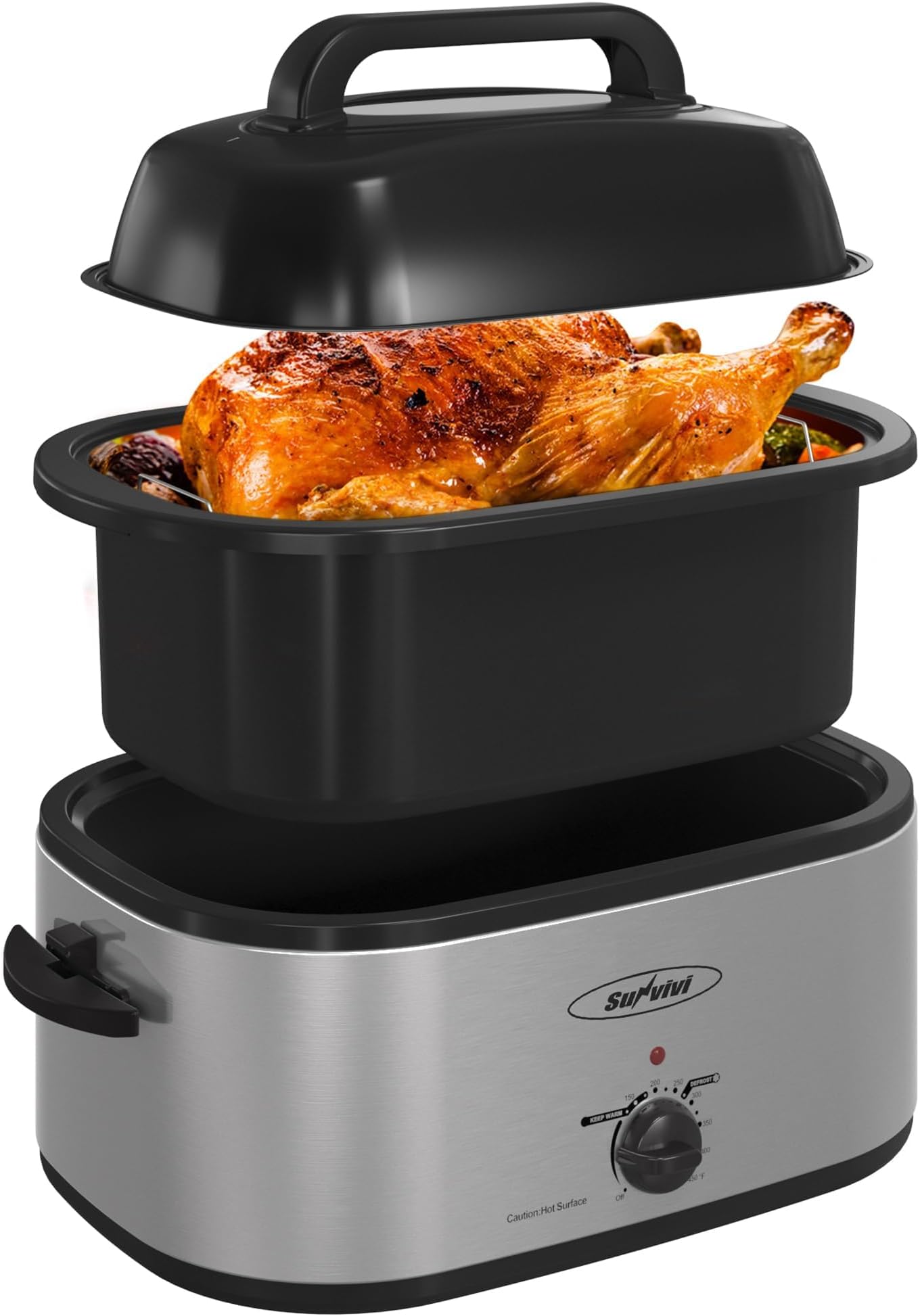 RoyalCraft 24-Quart Electric Roaster Oven with Visible Self-Basting Lid, Turkey Roaster Oven with Removable Pan and Rack, Perfect for Large Meals and Holiday Feasts, Silver