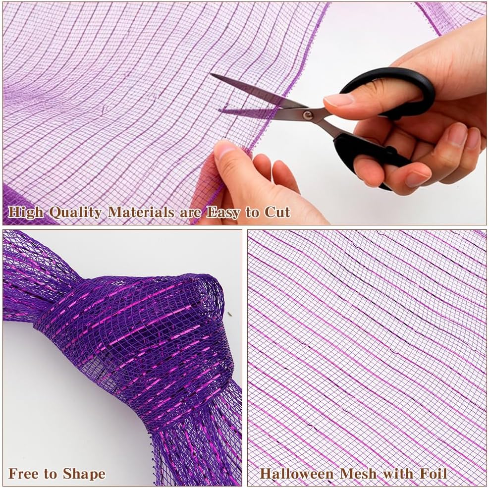 4 Rolls Mesh Ribbon, Halloween Deco Mesh Fabric with Foil Ribbon Crafts