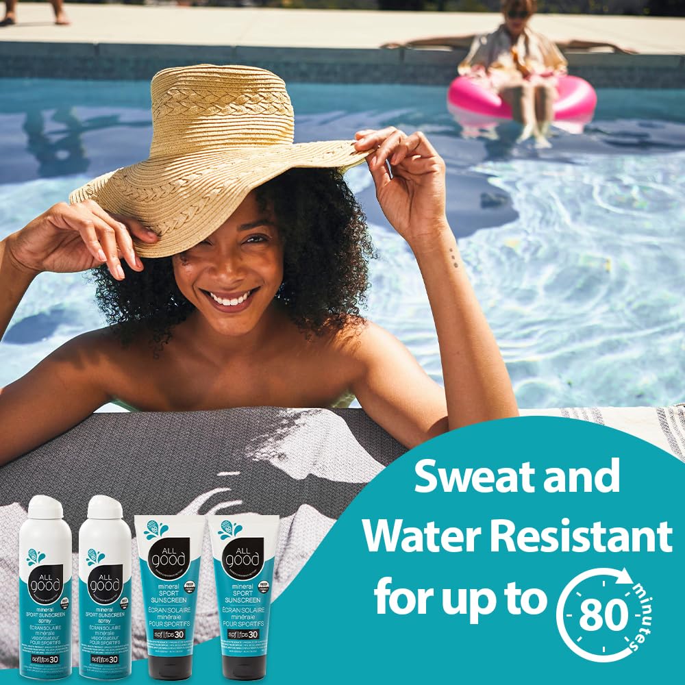All Good Sport Face & Body Sunscreen - UVA/UVB Broad Spectrum, Water Resistant, Coral Reef Friendly - 30 SPF Sunscreen (2) Sprays & (2) Lotions