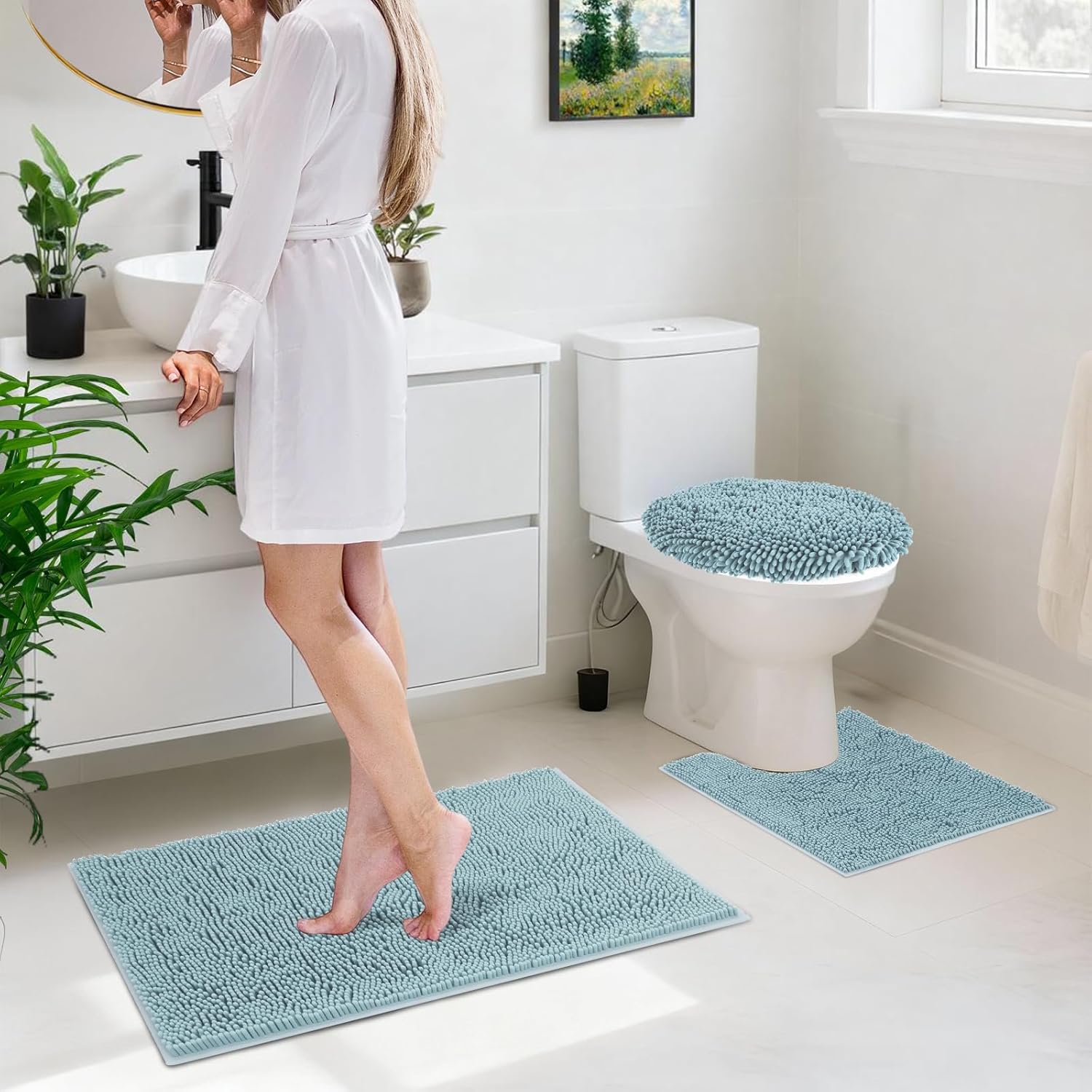 Bathroom Rugs Sets 3 Piece with Adjustable Toilet Seat Cover 19.5"x 18.5" Machine Washable Bath Rug Set with TPR Non Slip Rubber Backing Solid Bath Mat Set for Luxury Bathroom Decoration