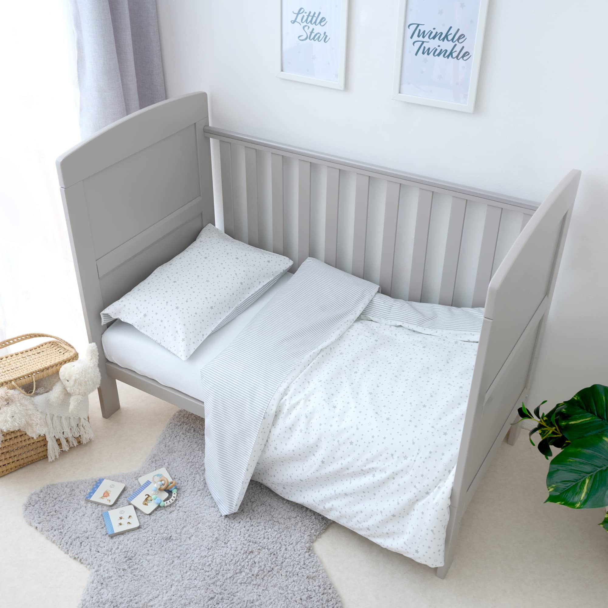 Clair de Lune | Funda de edredón Reversible con Estrellas y Rayas para niños pequeños con Funda de Almohada | Juego de Ropa de Cama para Camas de Cuna y Camas de niños pequeños - Gris
