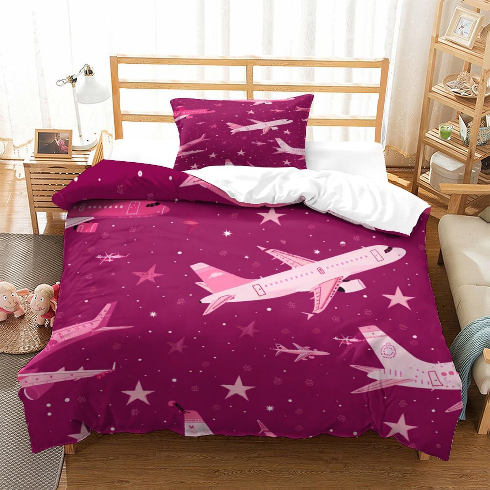 P1s9u7w5y Aircraft 3D Printed Starry Plane Duvet Cover Set 3Pcs Microfiber Night Sky Airplane Bedding Set Single（135X200cm）