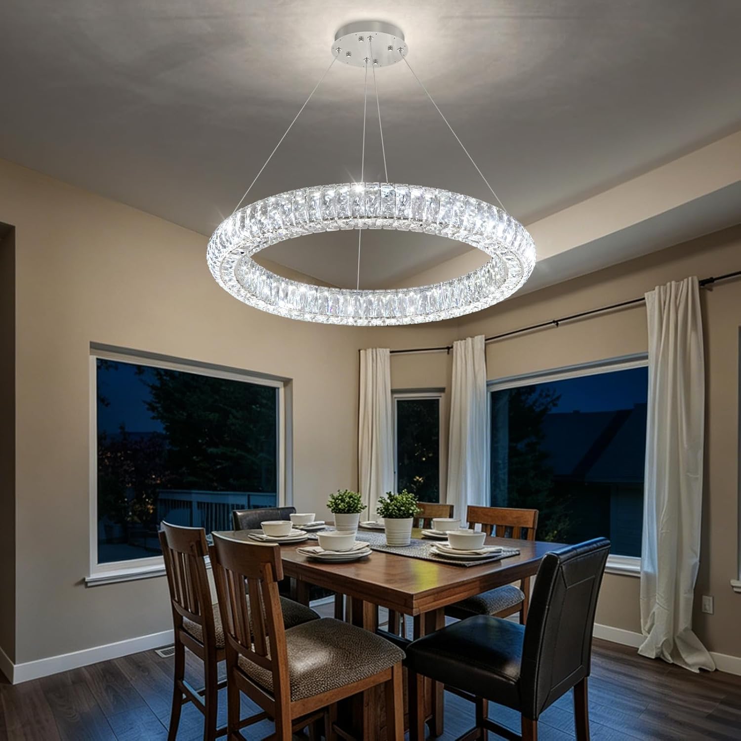1 Ring Modern Crystal Chandelier Dimmable Ring Pendant Light Round Crystal Chandeliers for Living Room Dining Room Bedroom 23.6" Silver