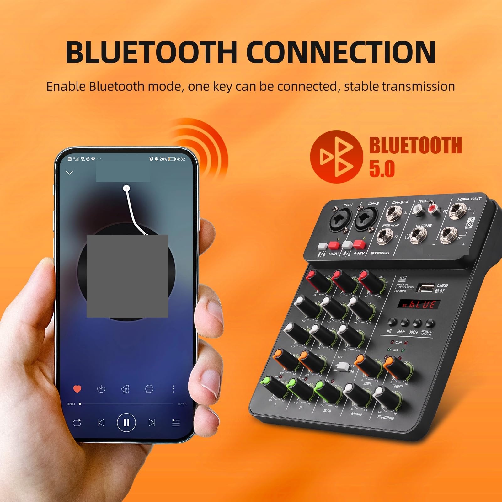 Mixer audio, V4 Mixer a 4 canali con Bluetooth USB 48V Alimentazione Phantom Effetti di riproduzione ritardata for console missaggio