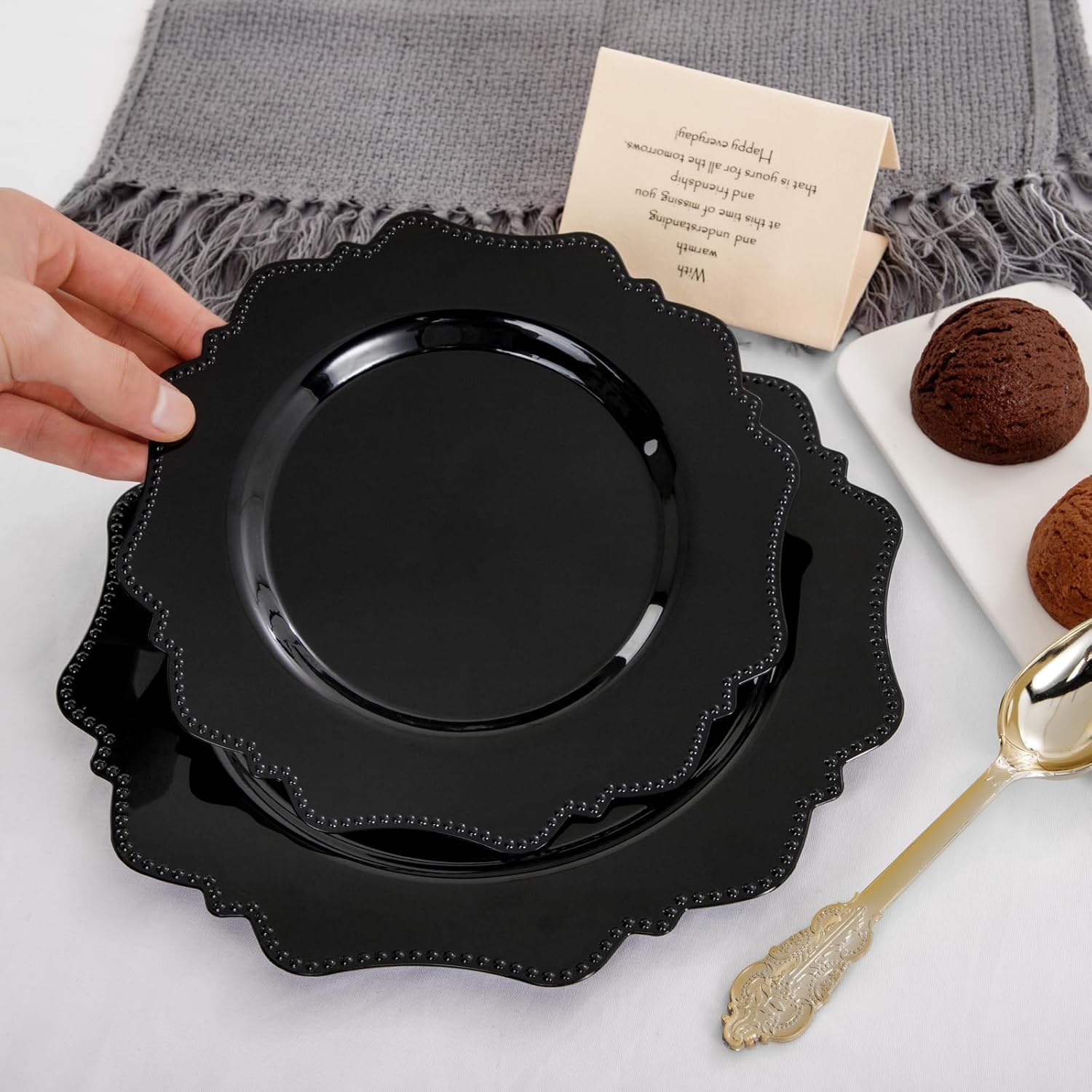 COLOSUS Black Plastic Plates Set,Heavy Duty Black Disposable Plates for 30 guests,Include 30PCS 10.5inch Dinner Plates and 30PCS 8.25 inch Dessert Plates for Party/Wedding/Birthday - Image 8