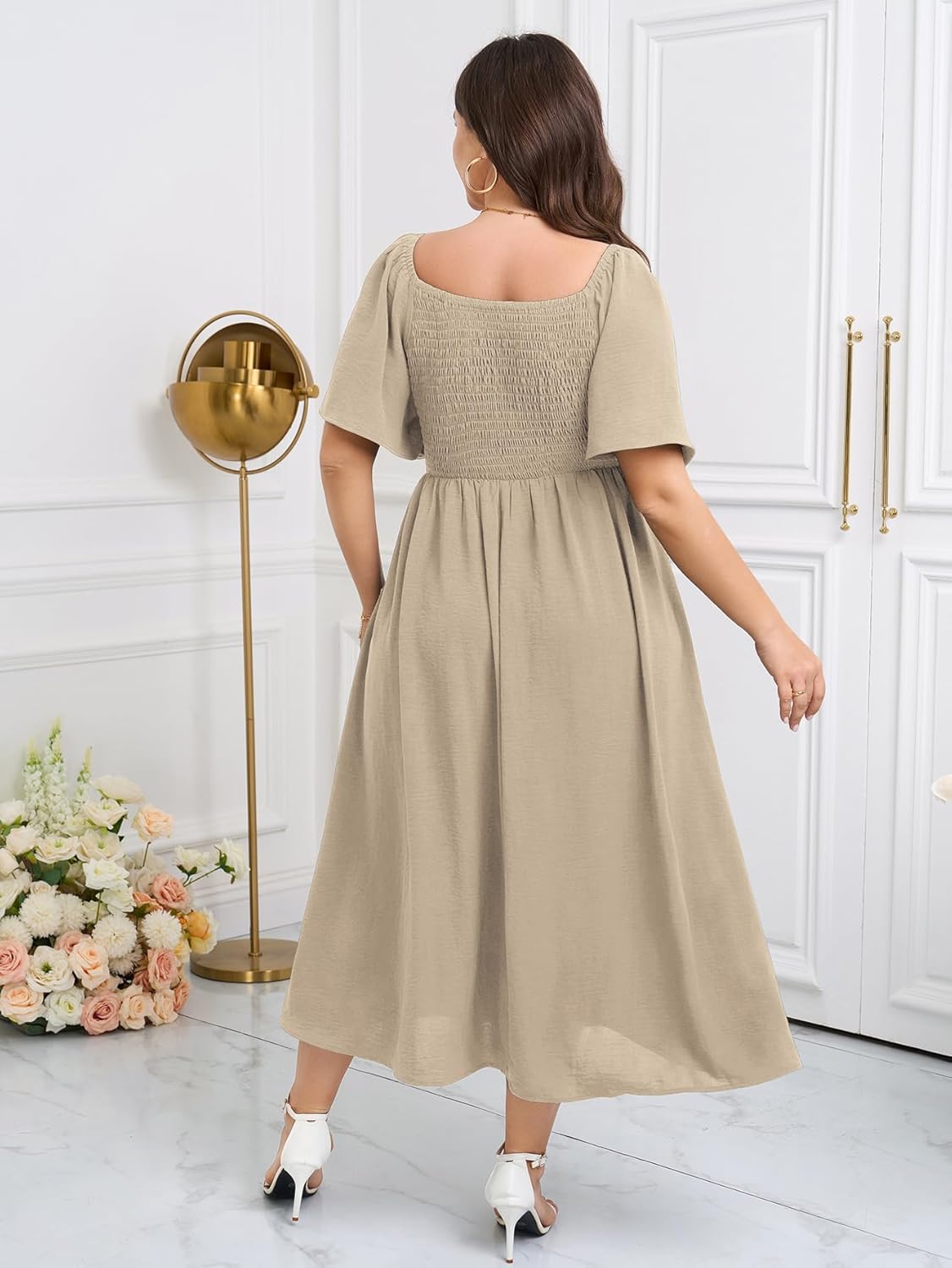 Womens Plus Size Maxi Dress Pleated Square Neck Short Sleeve Smocked High Waist Flowy A-Line Slit Elegant Dresses - Image 5