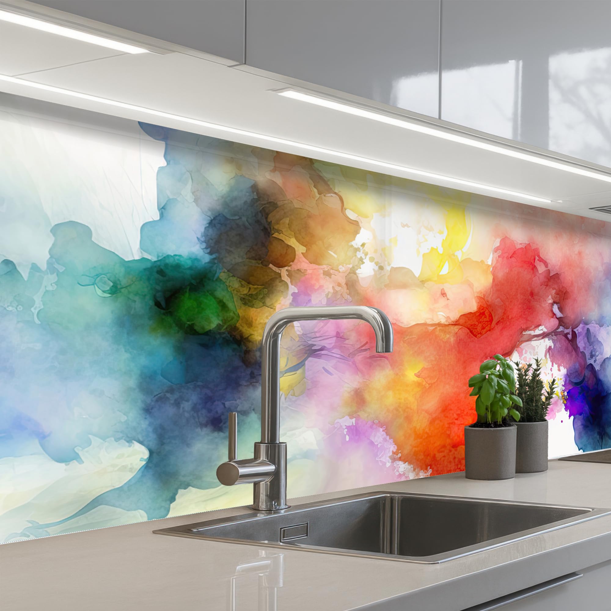 KitchenYeah© Splashback for kitchen 24"x79" / 60x200 cm self-adhesive Sink Splash Splatter Guard Splashbacks Walls Watercolor - Rainbow - Abstract - Art - Colors