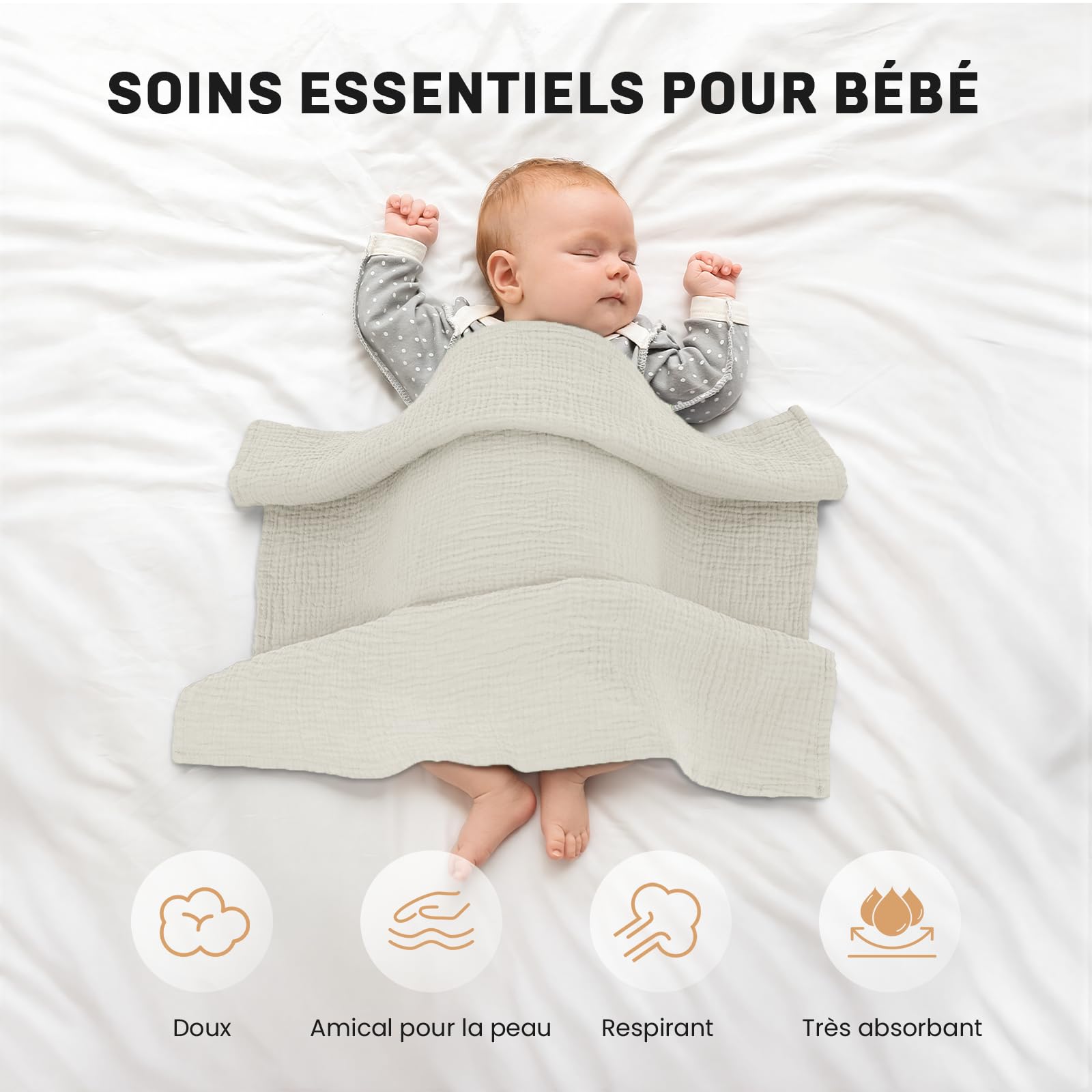 Lange Bebe 60x60cm - Lot de 6 Mousselines de Coton Langes Bébé, Ultra Douces, Absorbantes et Peau Sensible pour Bébé Filles et Garçons, Idéal pour Nettoyage et Protection, Lange Bebe en Gaze de Coton